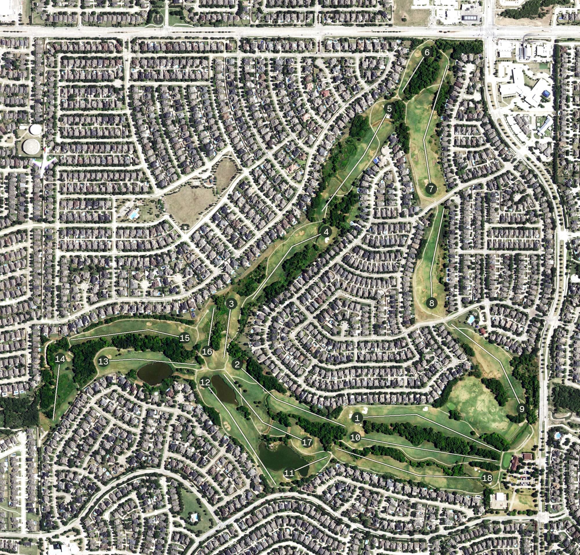 Aerial view of Trails of Frisco Golf Course, TX, with its hole routing marked