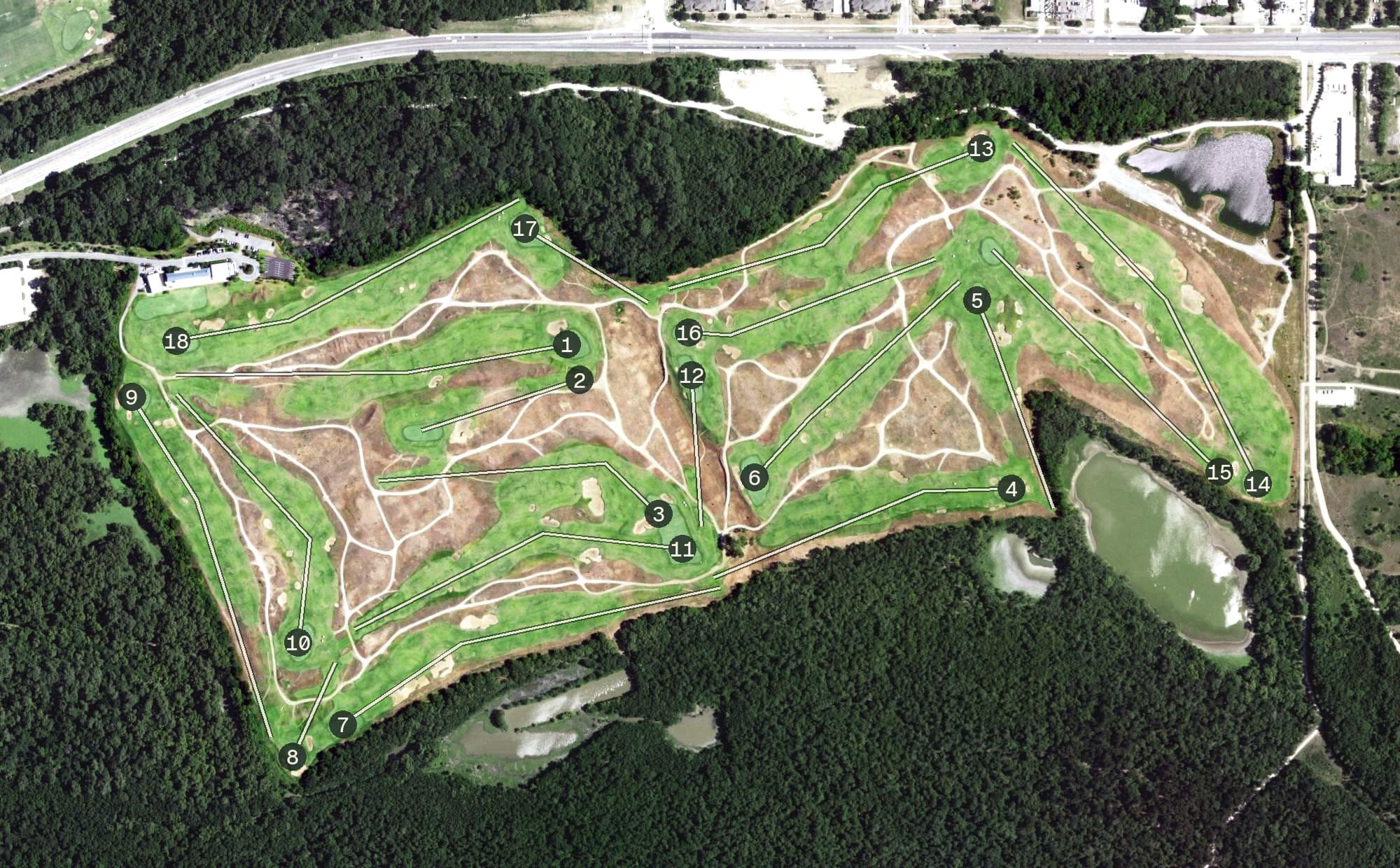 Aerial view of Trinity Forest Golf Club, TX, with its hole routing marked