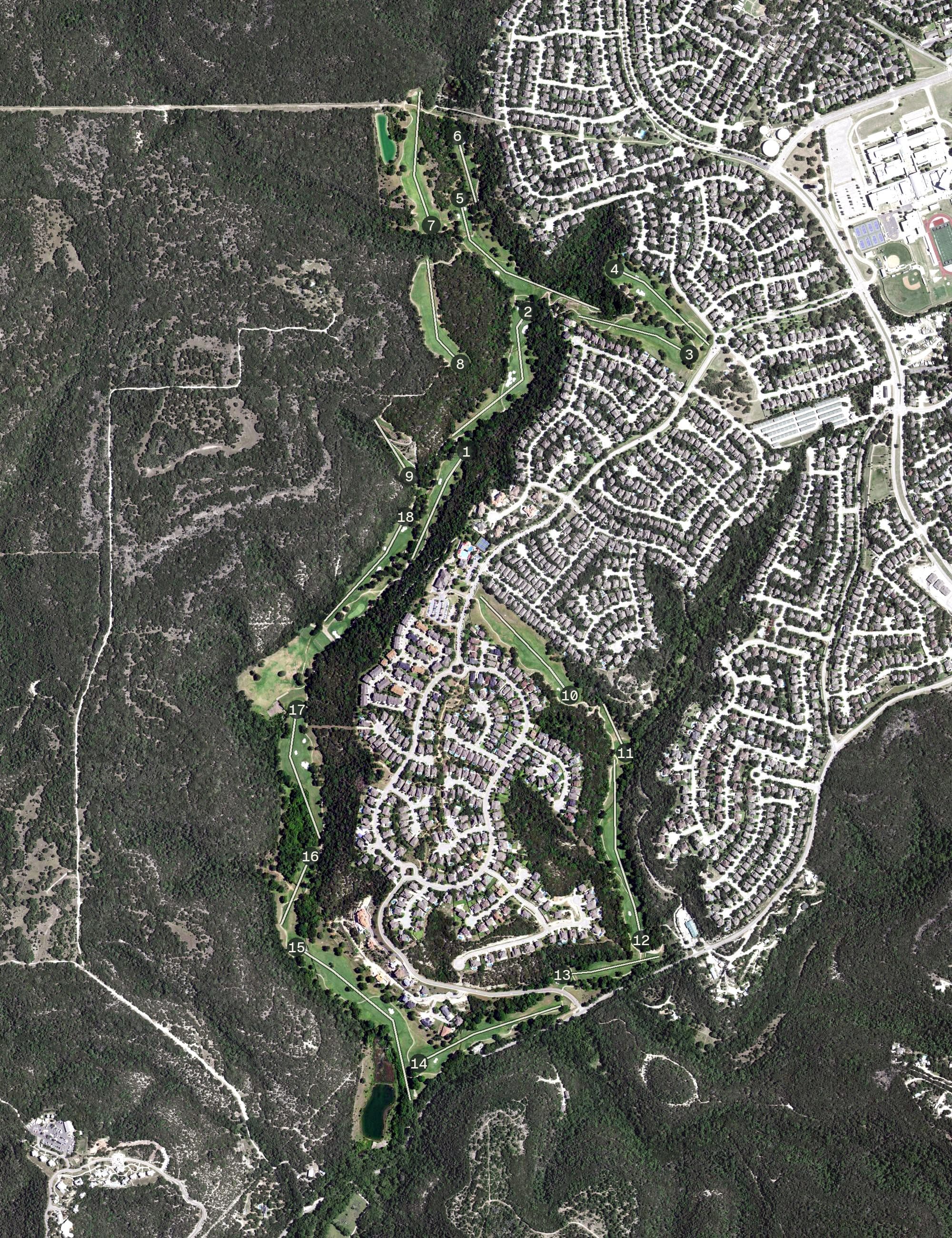 Aerial view of Twin Creeks Country Club, TX, with its hole routing marked