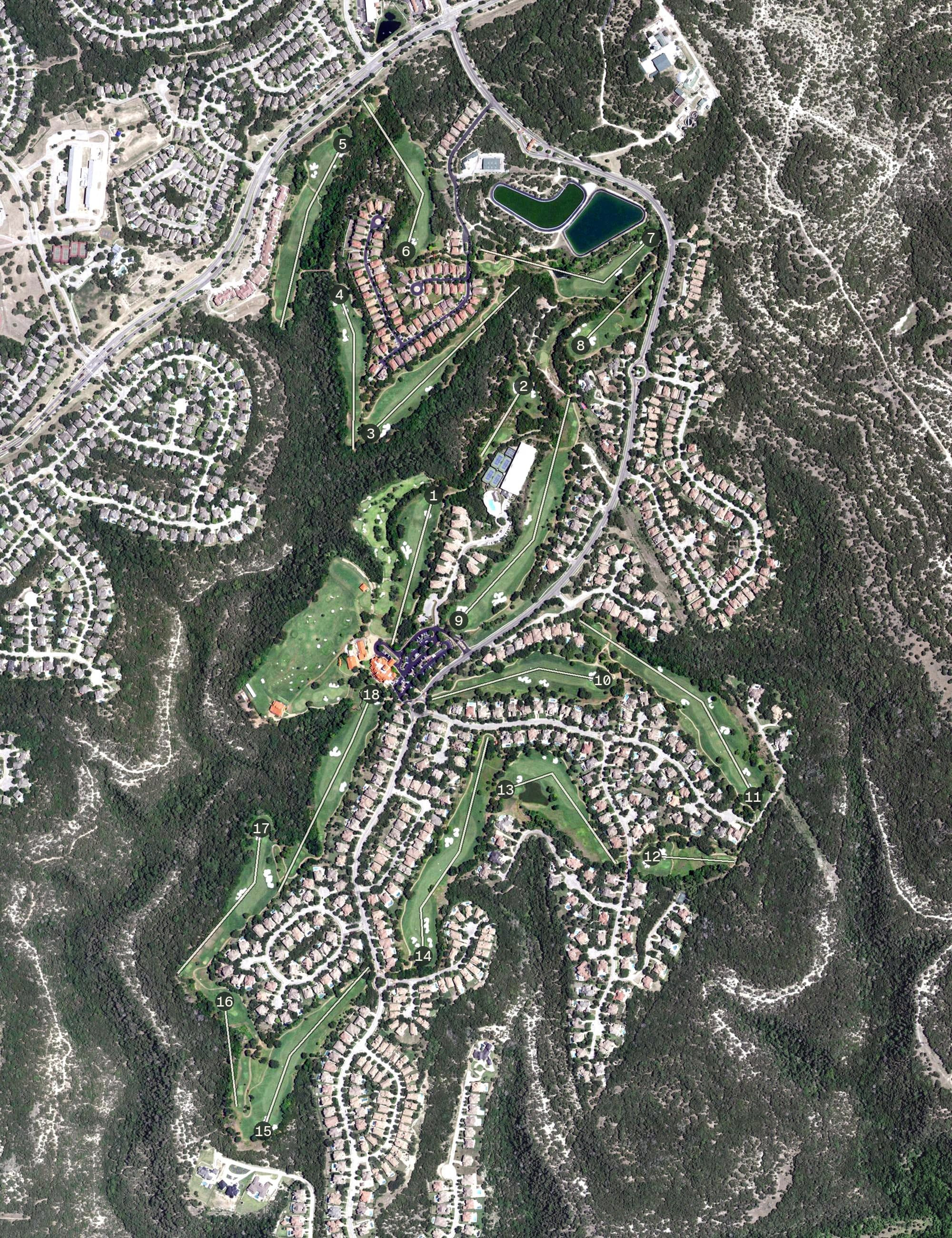 Aerial view of University of Texas Golf Club, TX, with its hole routing marked