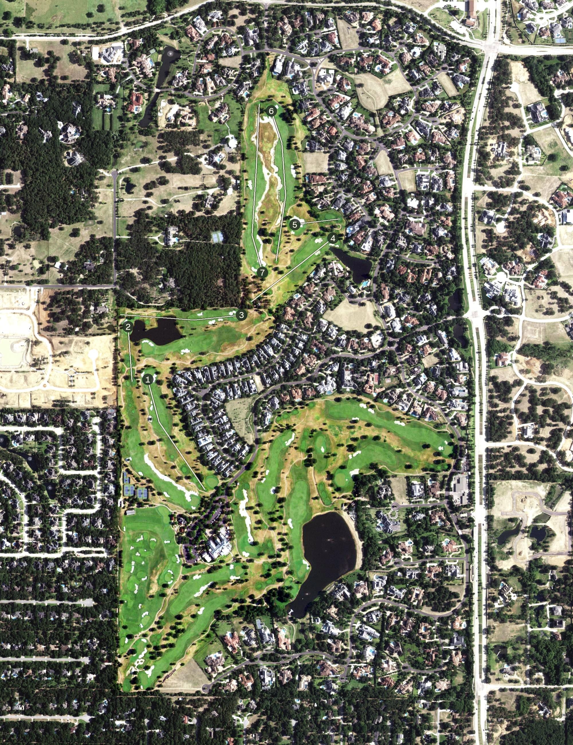 Aerial view of Vaquero Golf Course, TX, with its hole routing marked
