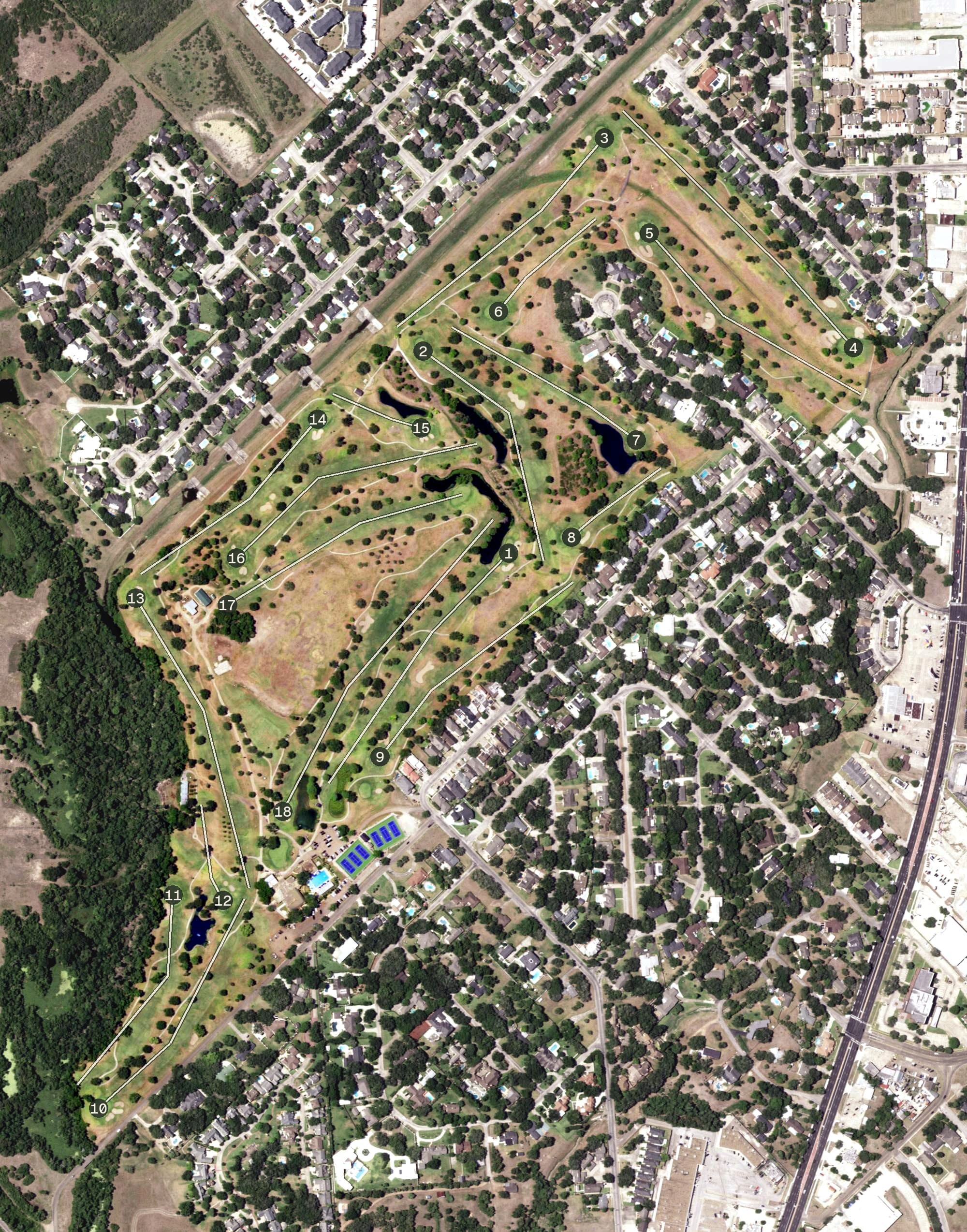 Aerial view of Victoria Country Club, TX, with its hole routing marked