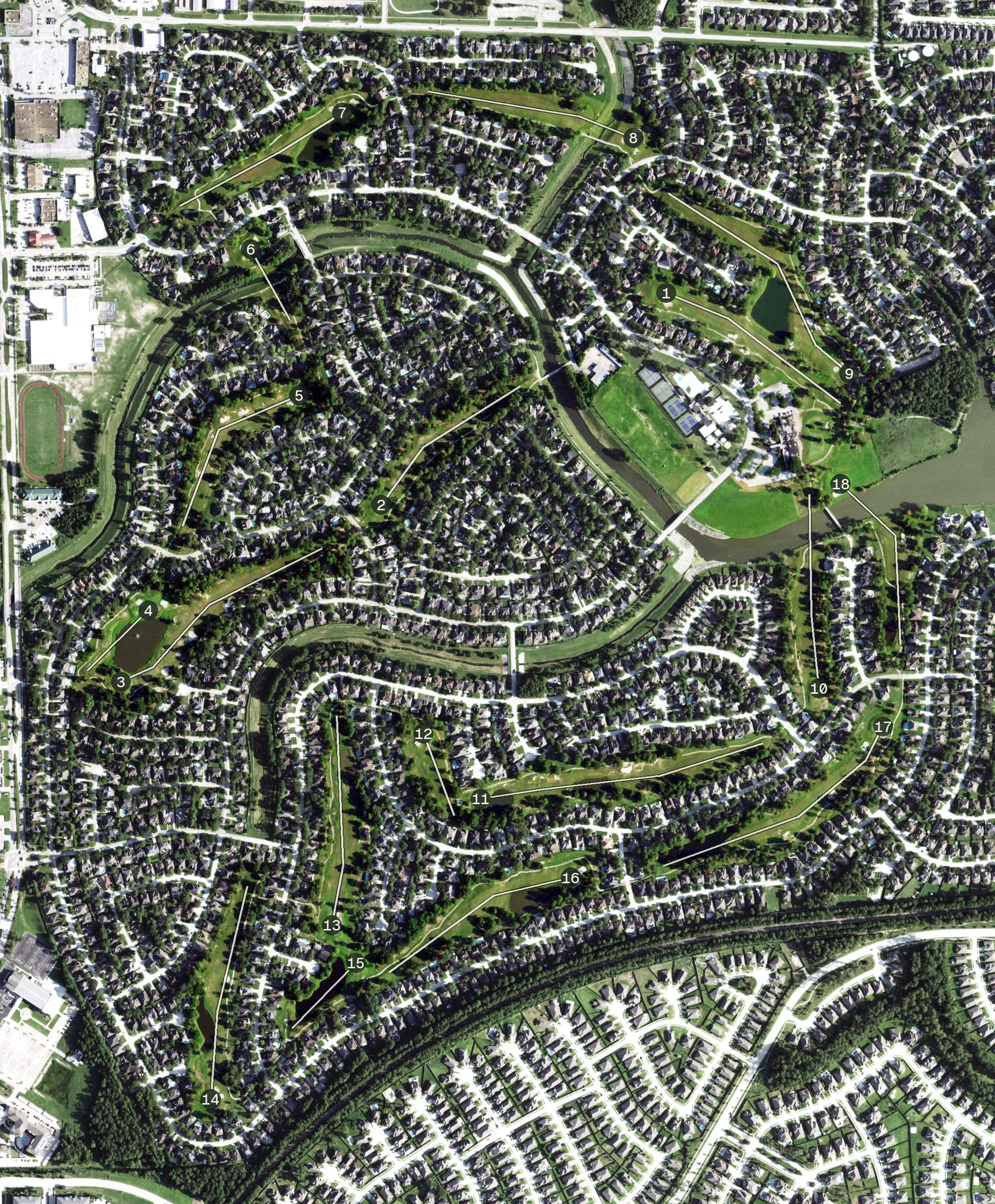 Aerial view of Walden on Lake Houston Golf & Country Club, TX, with its hole routing marked