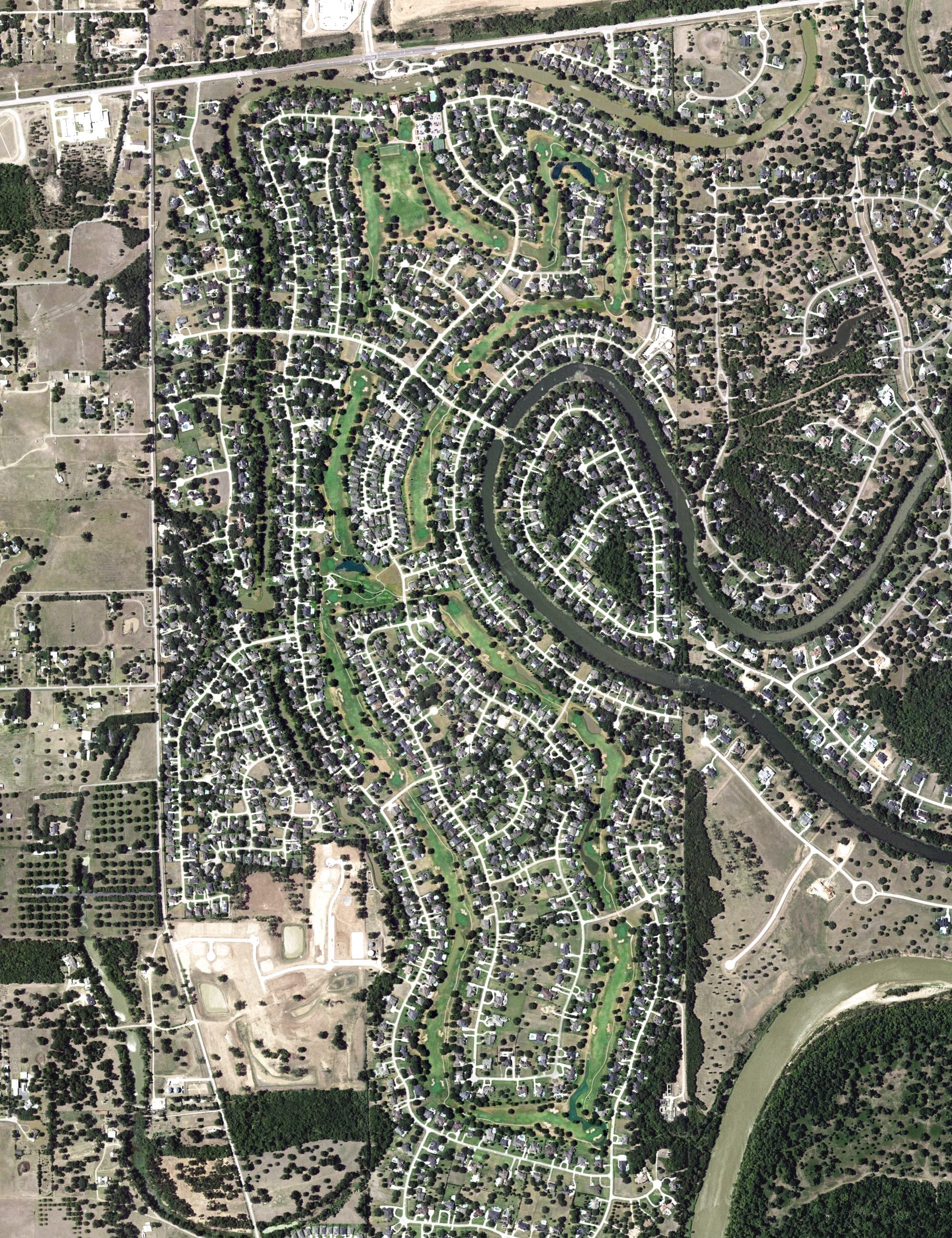 Aerial view of Weston Lakes Country Club, TX, with its hole routing marked
