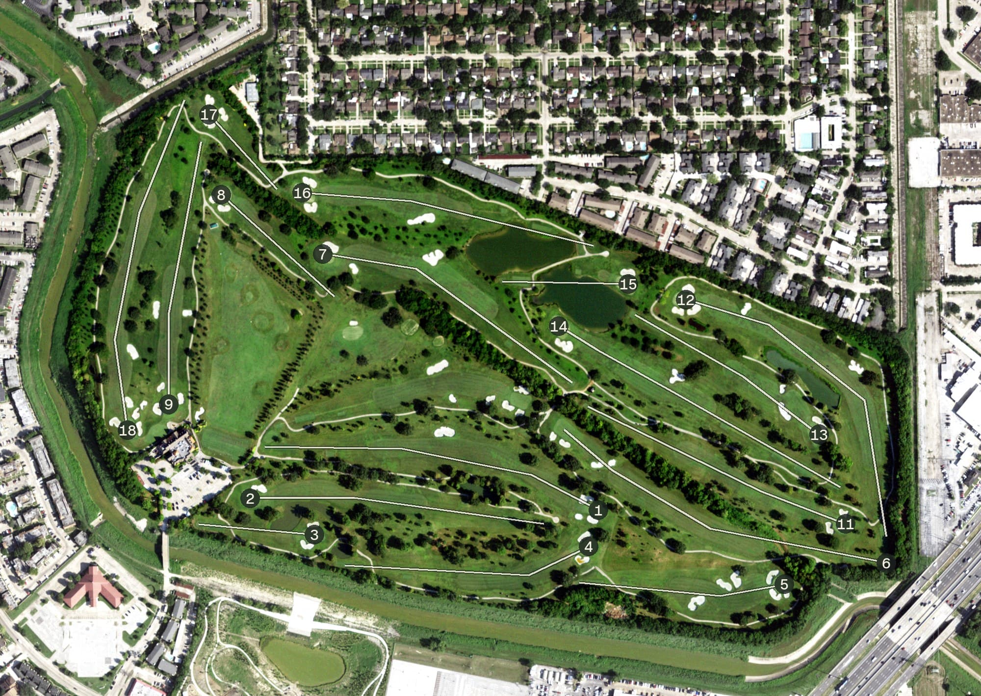 Aerial view of Westwood Country Club, TX, with its hole routing marked