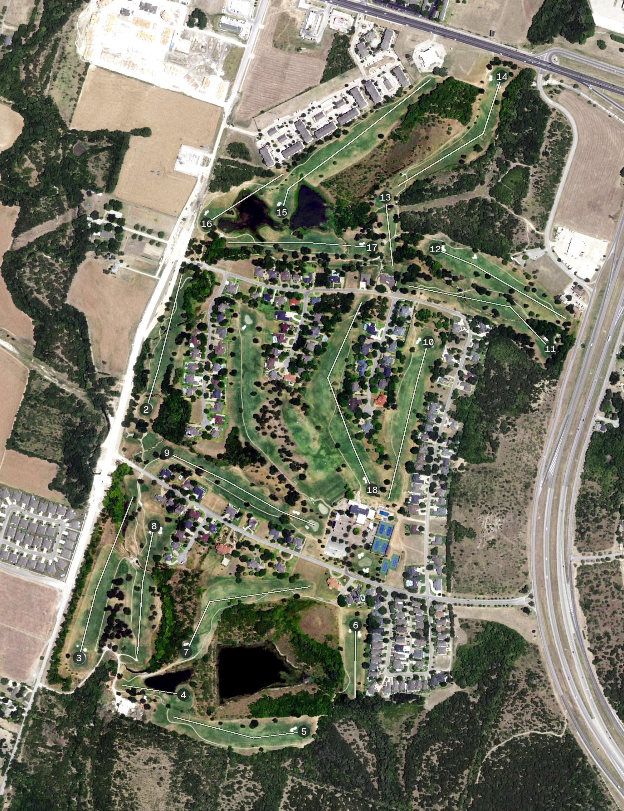 Aerial view of Wild Flower Country Club, TX, with its hole routing marked