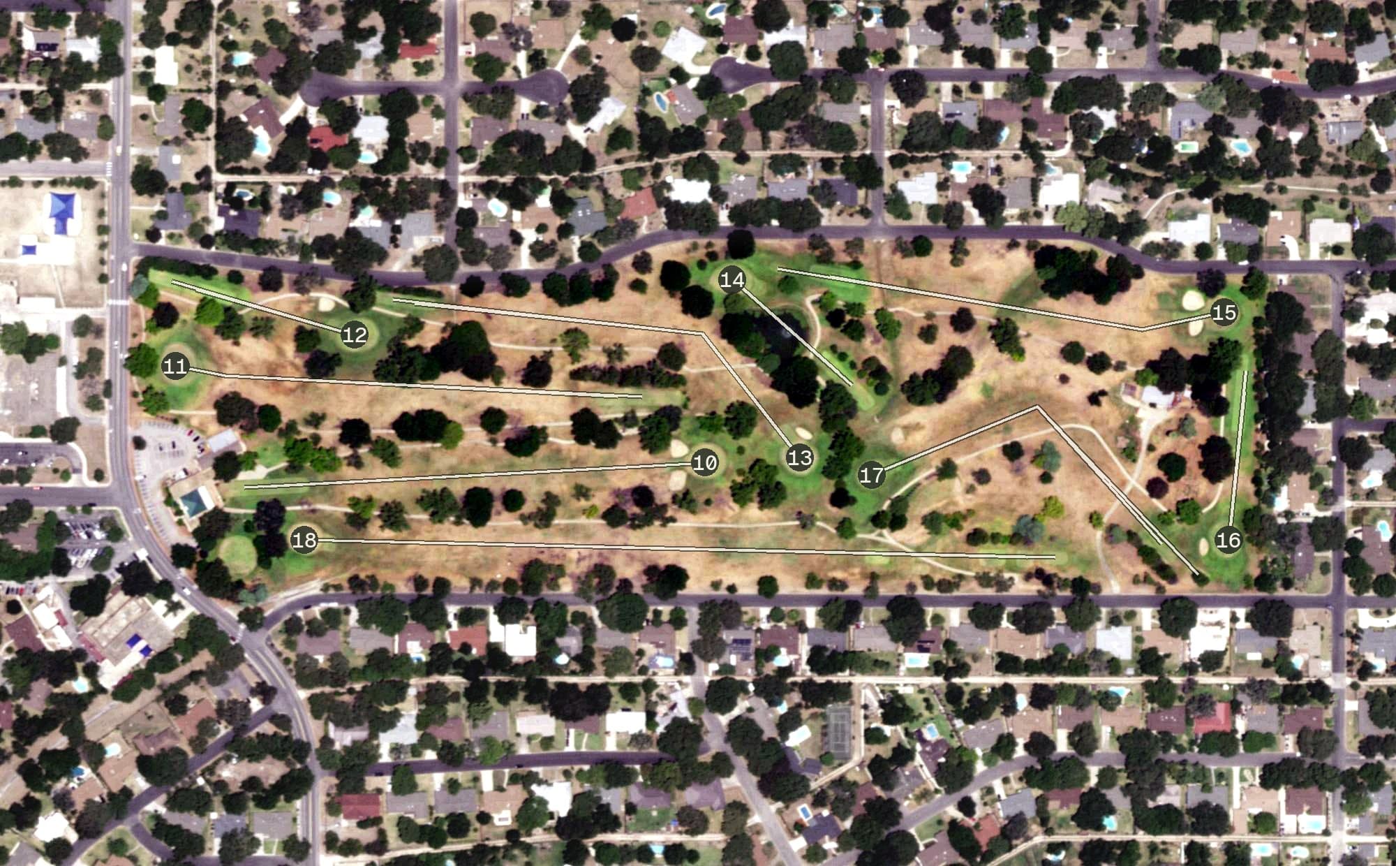Aerial view of Windcrest Golf Club, TX, with its hole routing marked