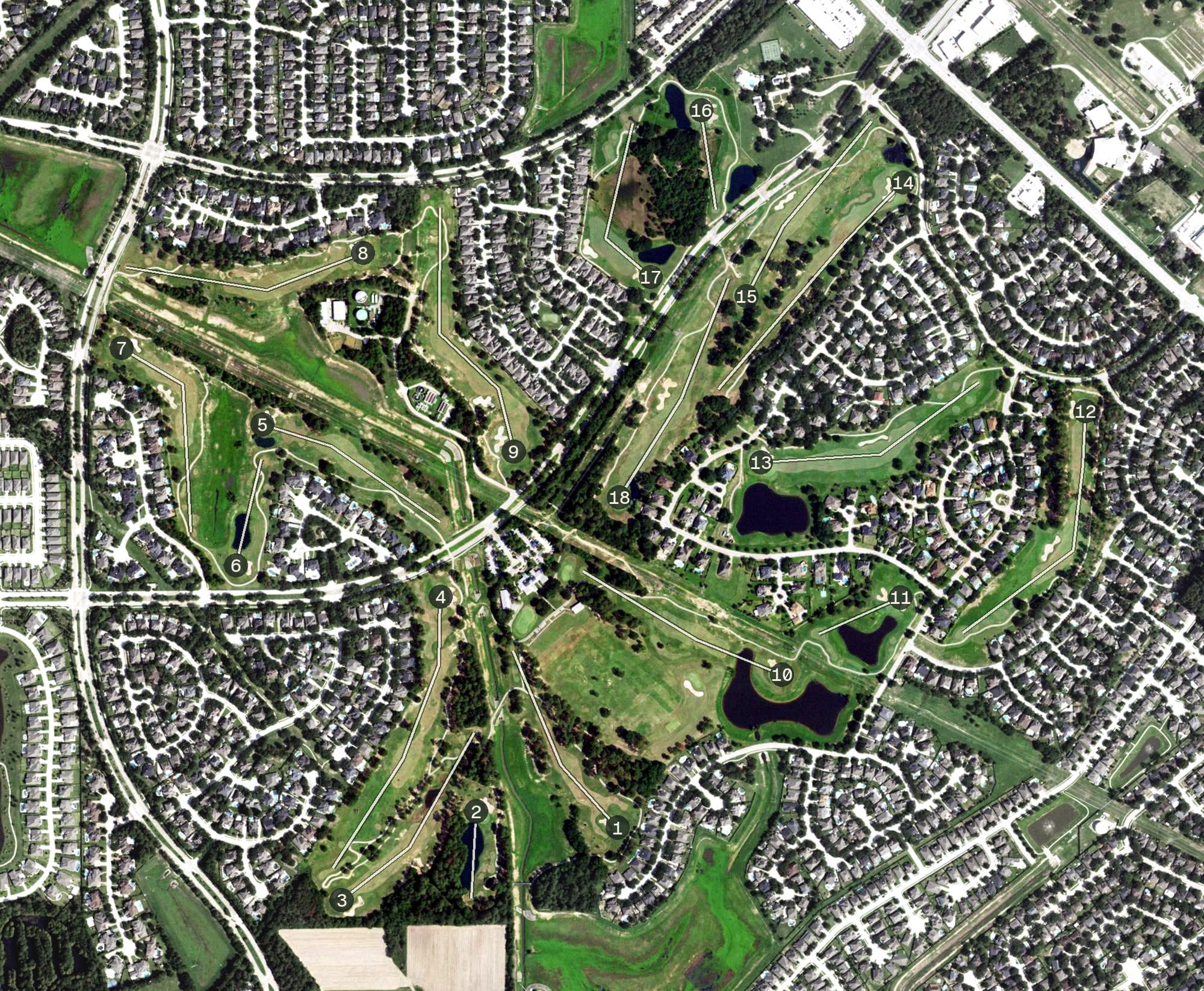 Aerial view of Windrose Golf Club, TX, with its hole routing marked
