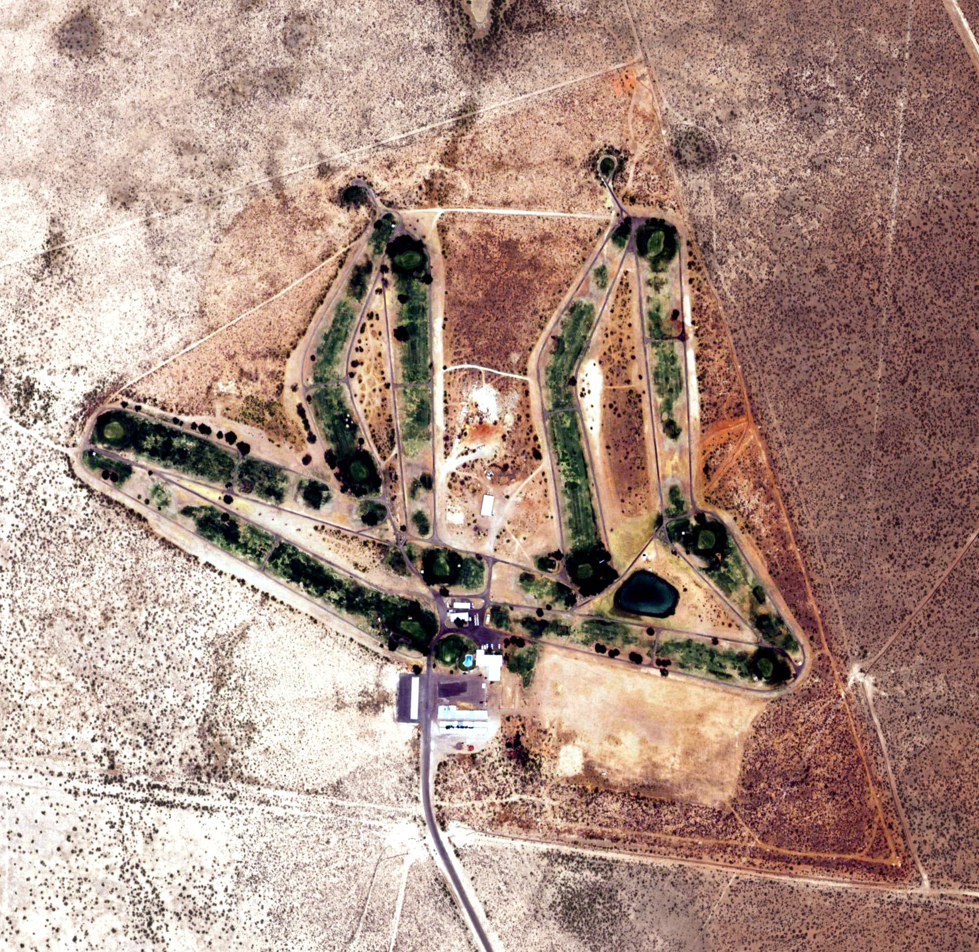 Aerial view of Winkler County Golf Course, TX, with its hole routing marked