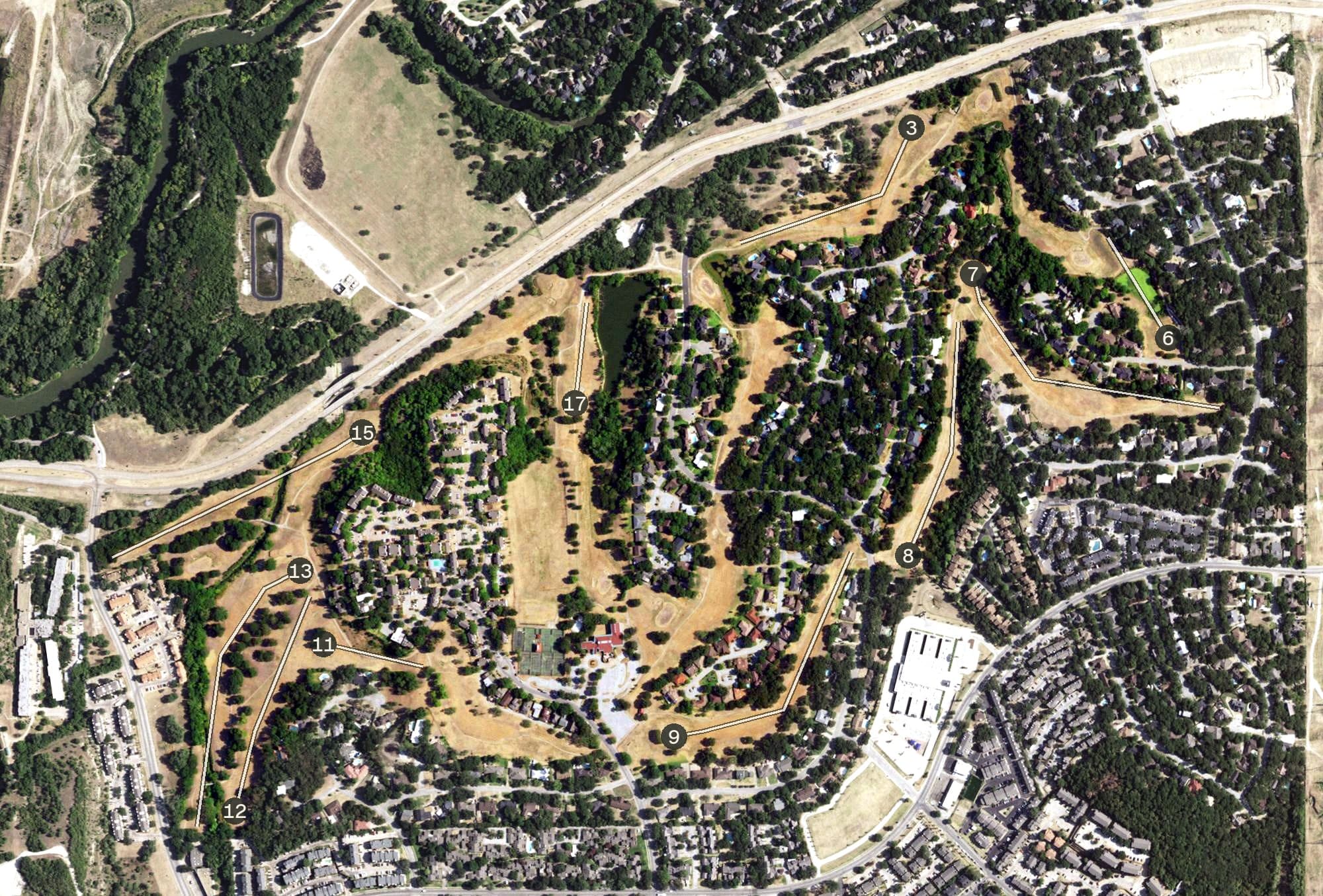 Aerial view of Woodhaven Country Club, TX, with its hole routing marked