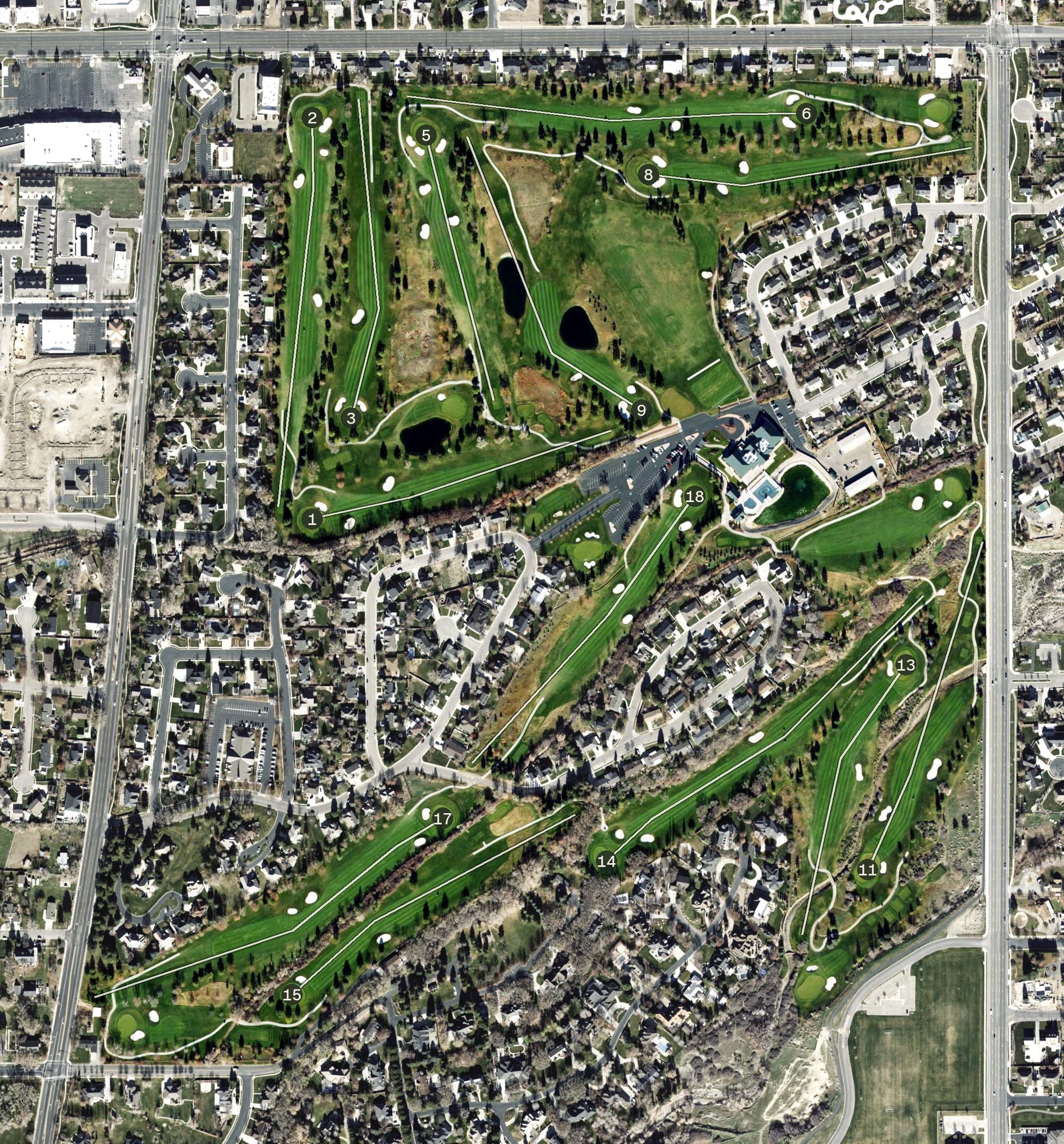 Aerial view of Alpine Country Club, UT, with its hole routing marked