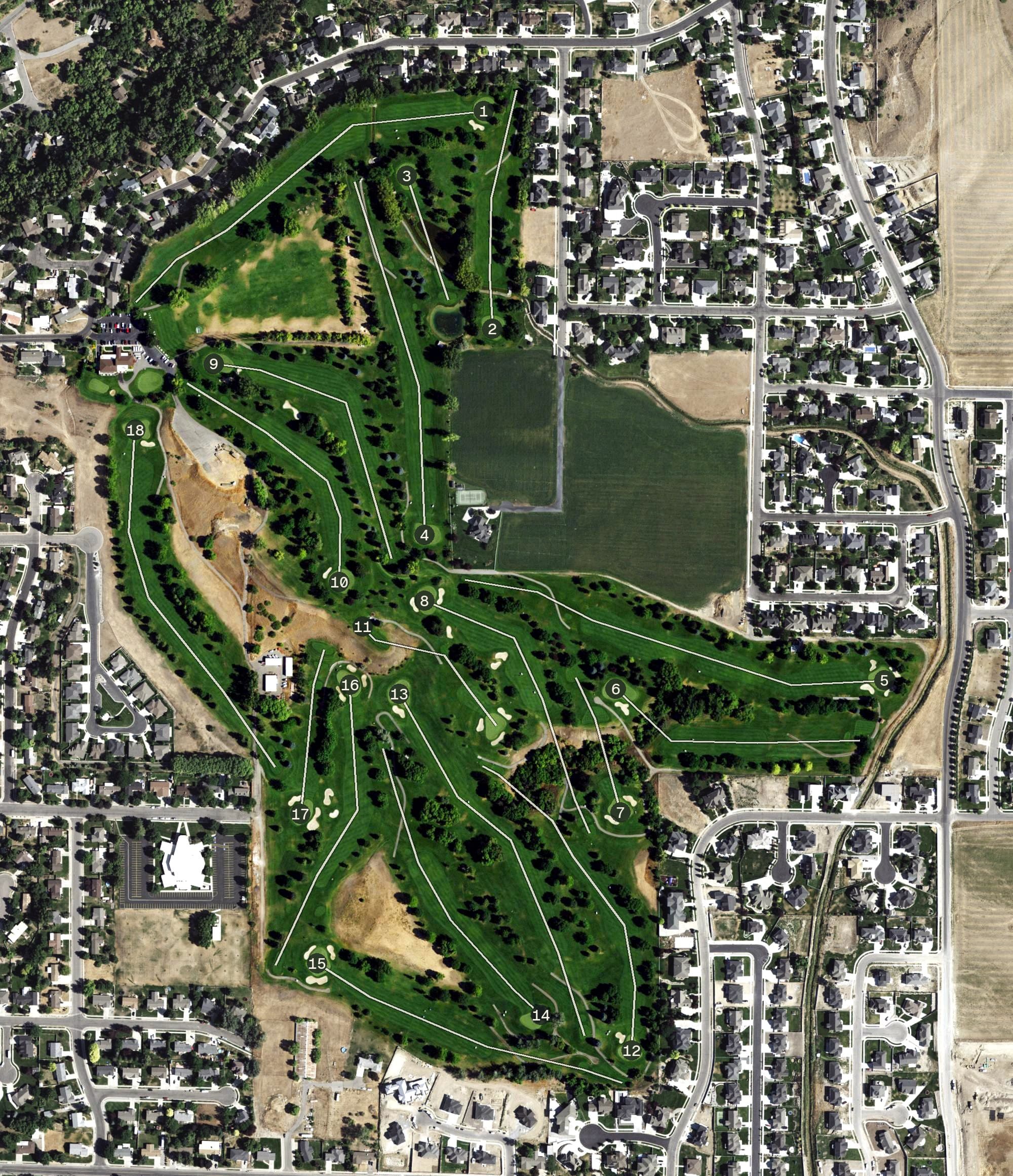 Aerial view of Birch Creek Golf Course, UT, with its hole routing marked