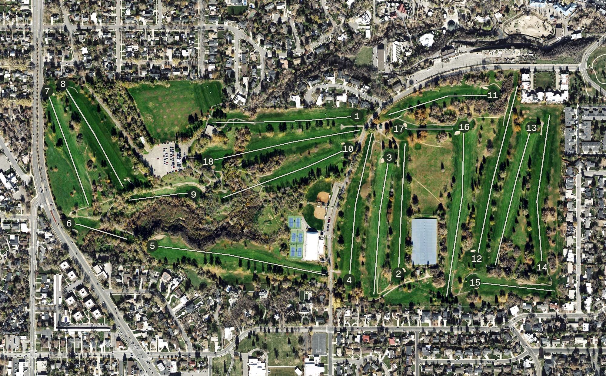 Aerial view of Bonneville Golf Course, UT, with its hole routing marked