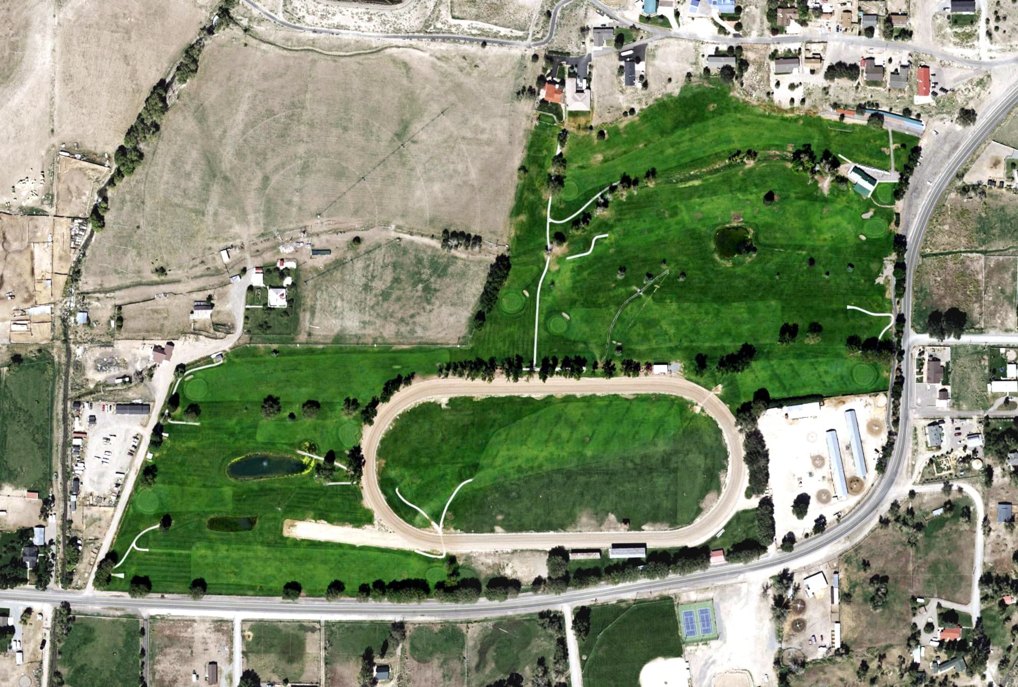 Aerial view of Canyon Breeze Golf Course, UT, with its hole routing marked