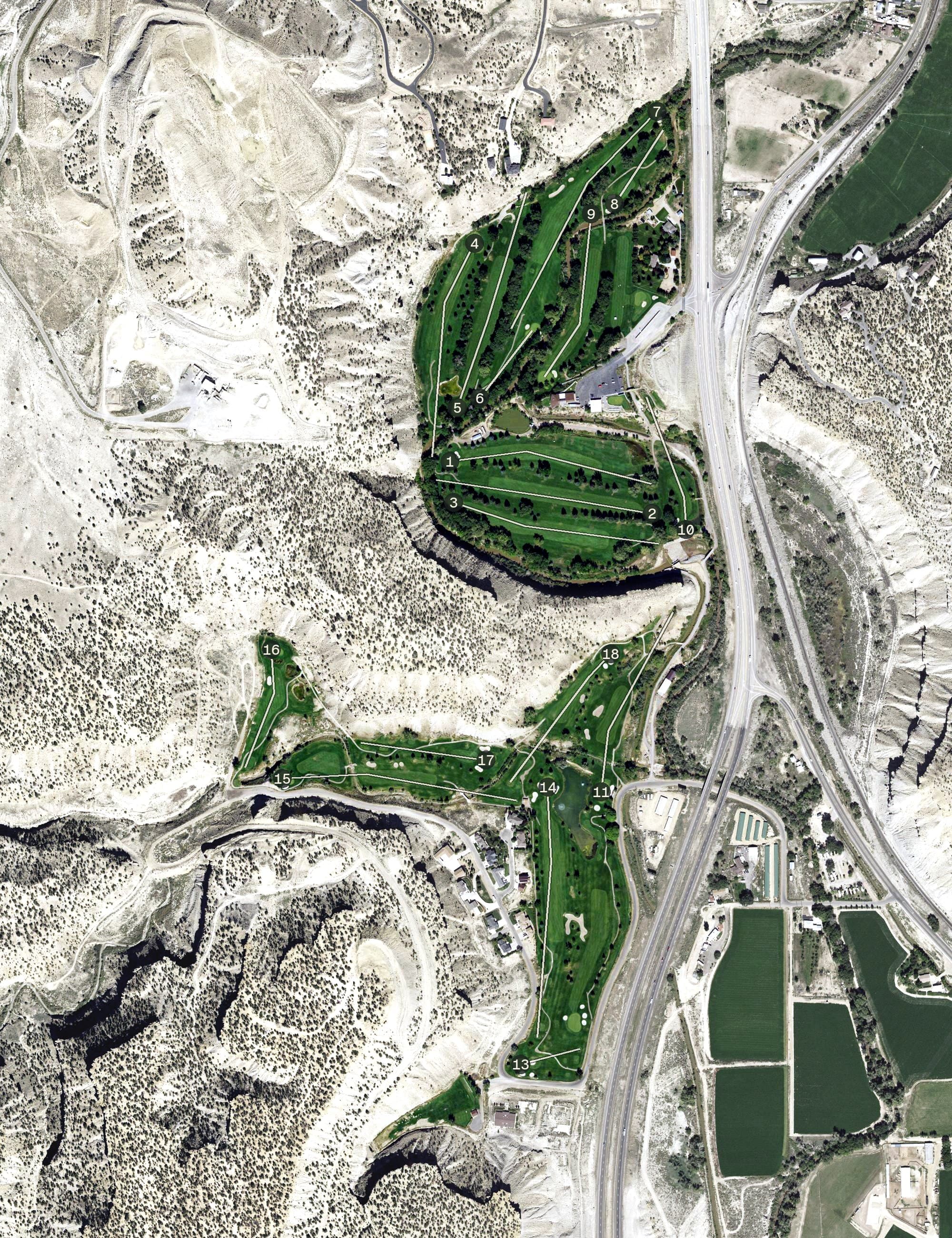 Aerial view of Carbon Country Club, UT, with its hole routing marked