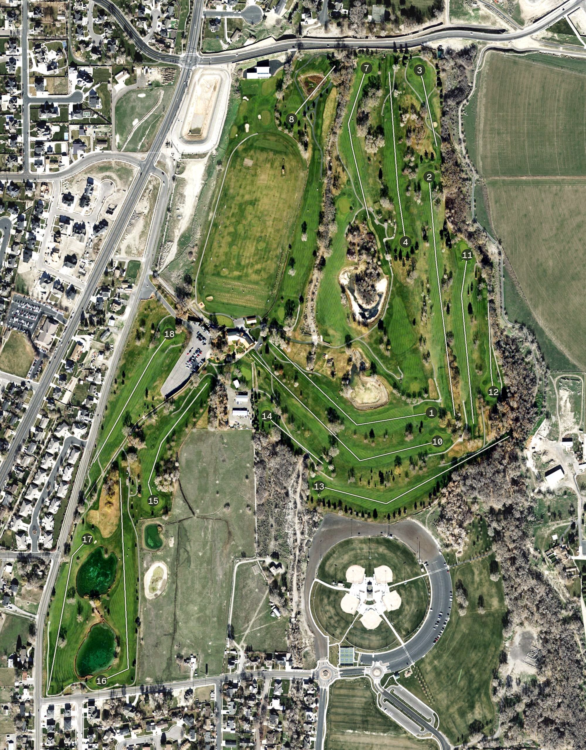 Aerial view of Fox Hollow Golf Course, UT, with its hole routing marked