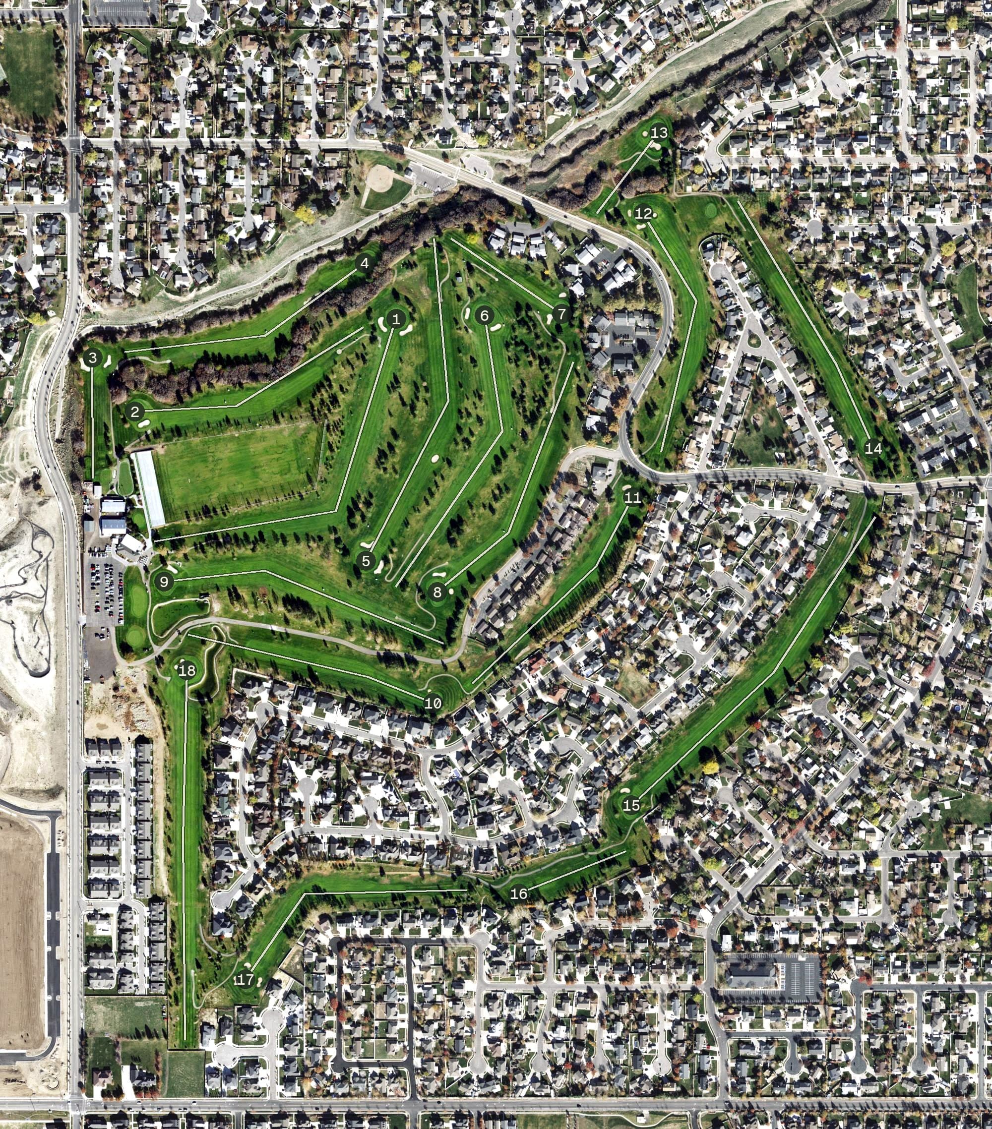 Aerial view of Glenmoor Golf Course, UT, with its hole routing marked