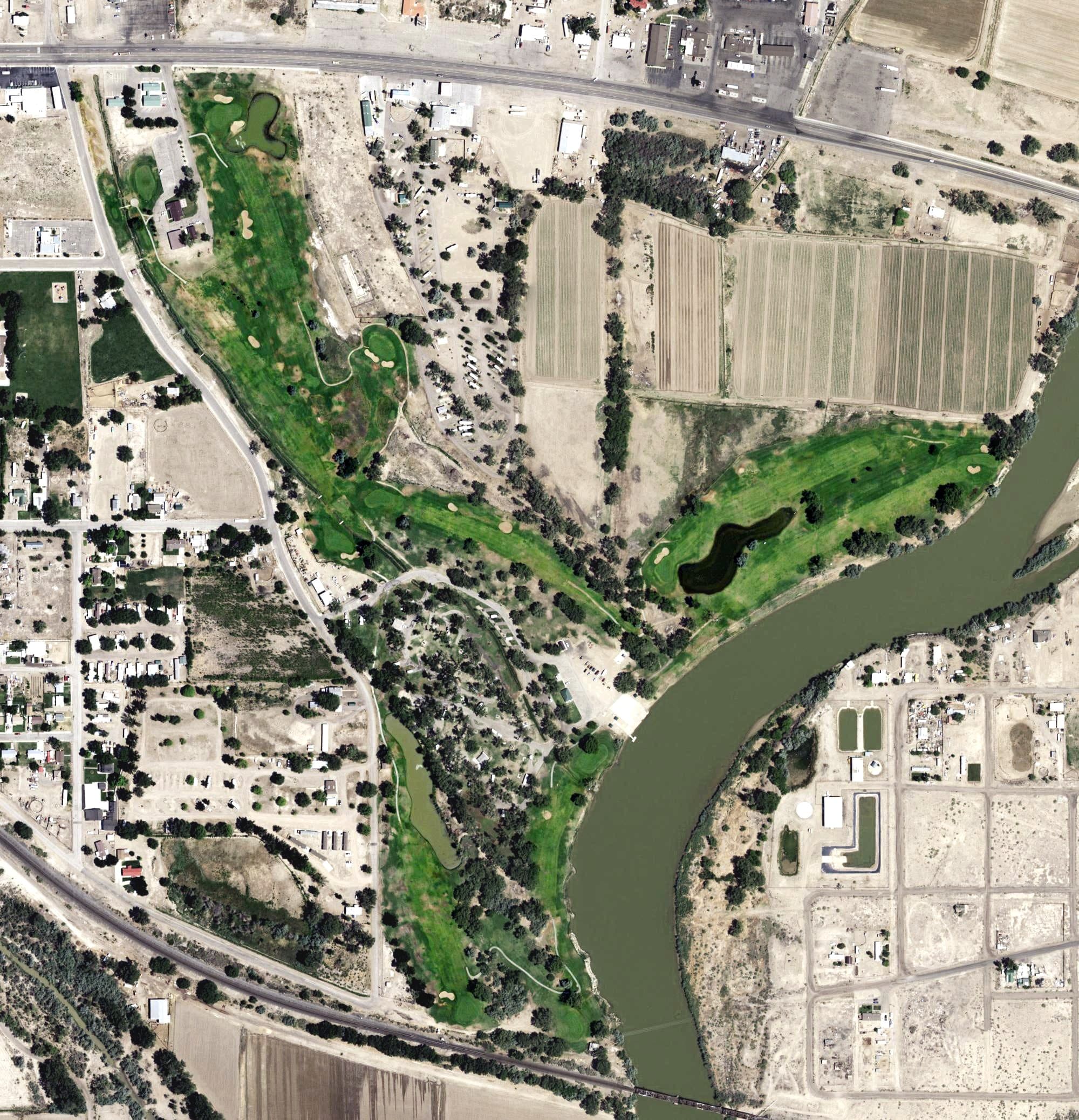 Aerial view of Green River State Park Golf Course, UT, with its hole routing marked