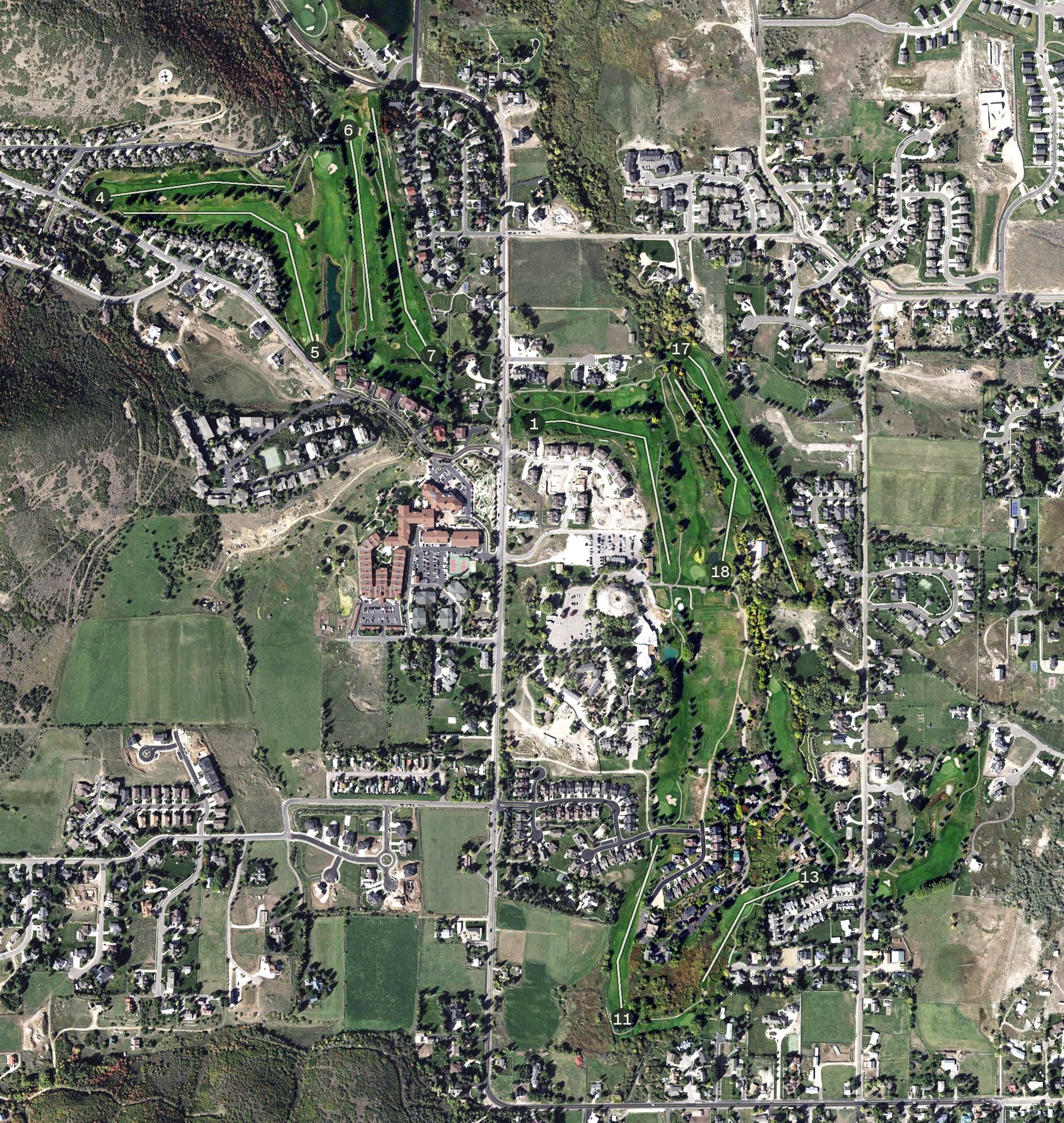 Aerial view of Homestead Golf Club, UT, with its hole routing marked