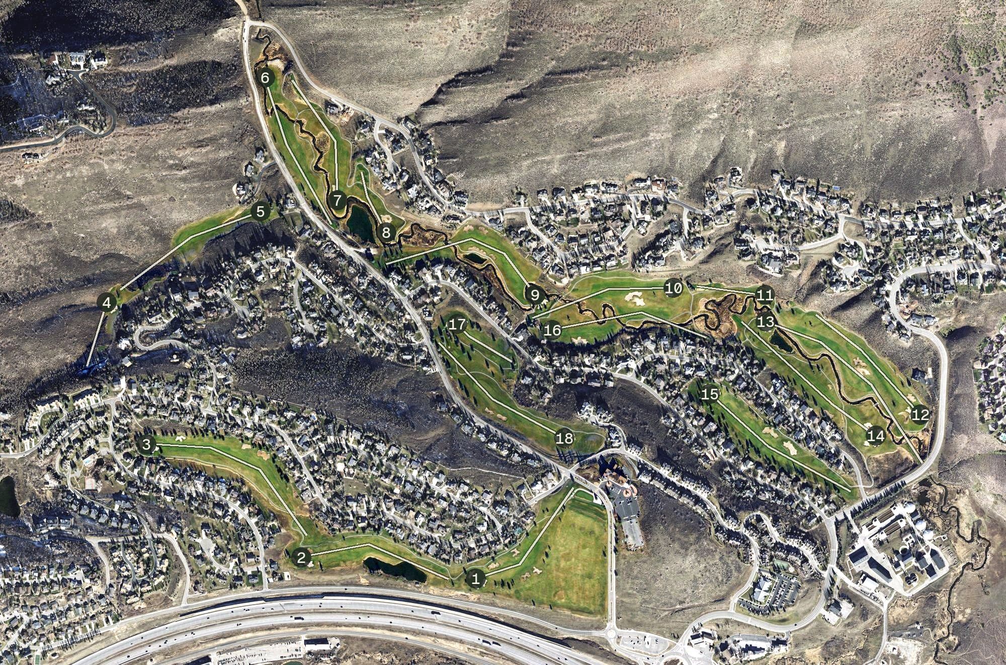 Aerial view of Jeremy Golf & Country Club, UT, with its hole routing marked