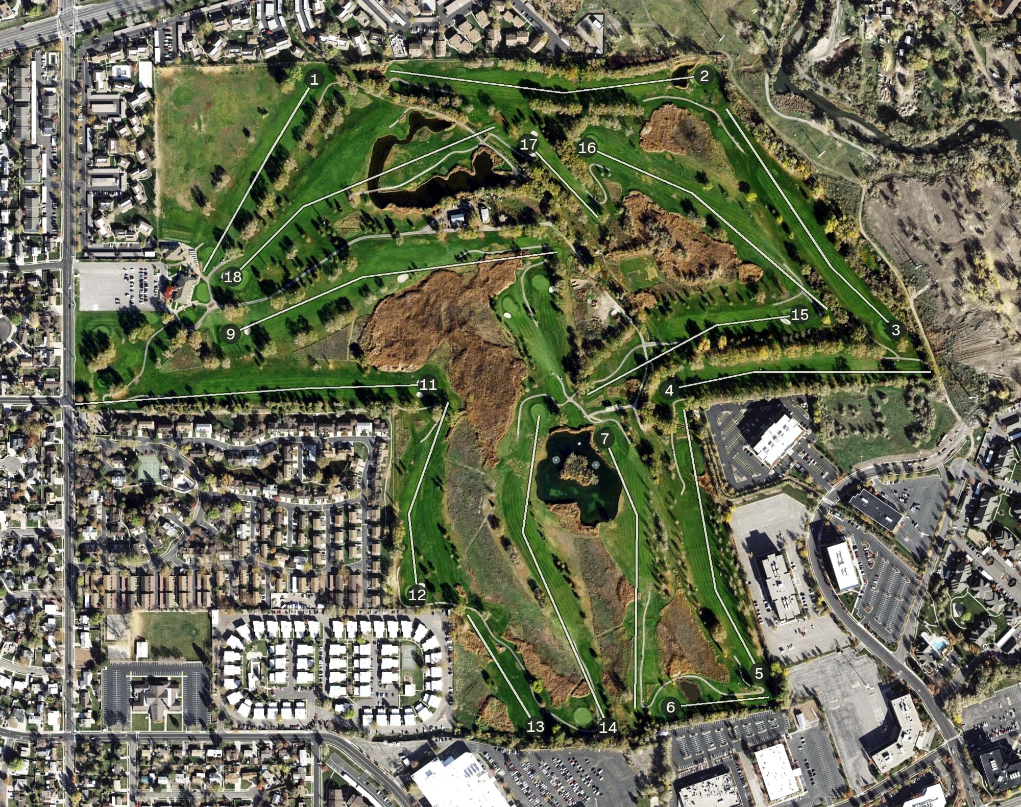 Aerial view of Meadow Brook Golf Course, UT, with its hole routing marked