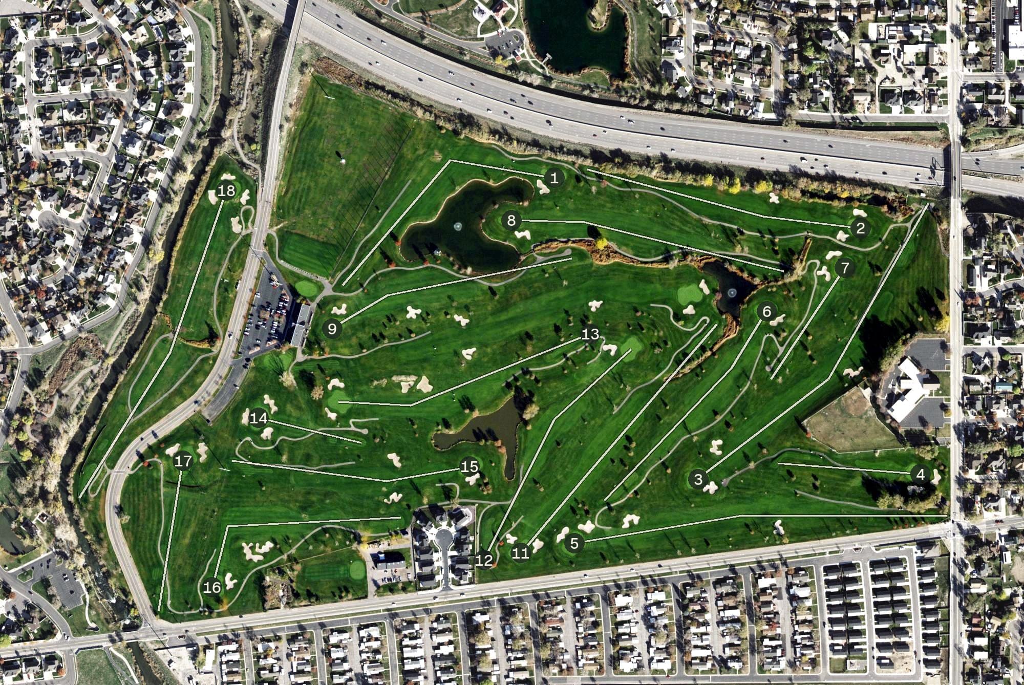 Aerial view of Murray City Golf Course, UT, with its hole routing marked