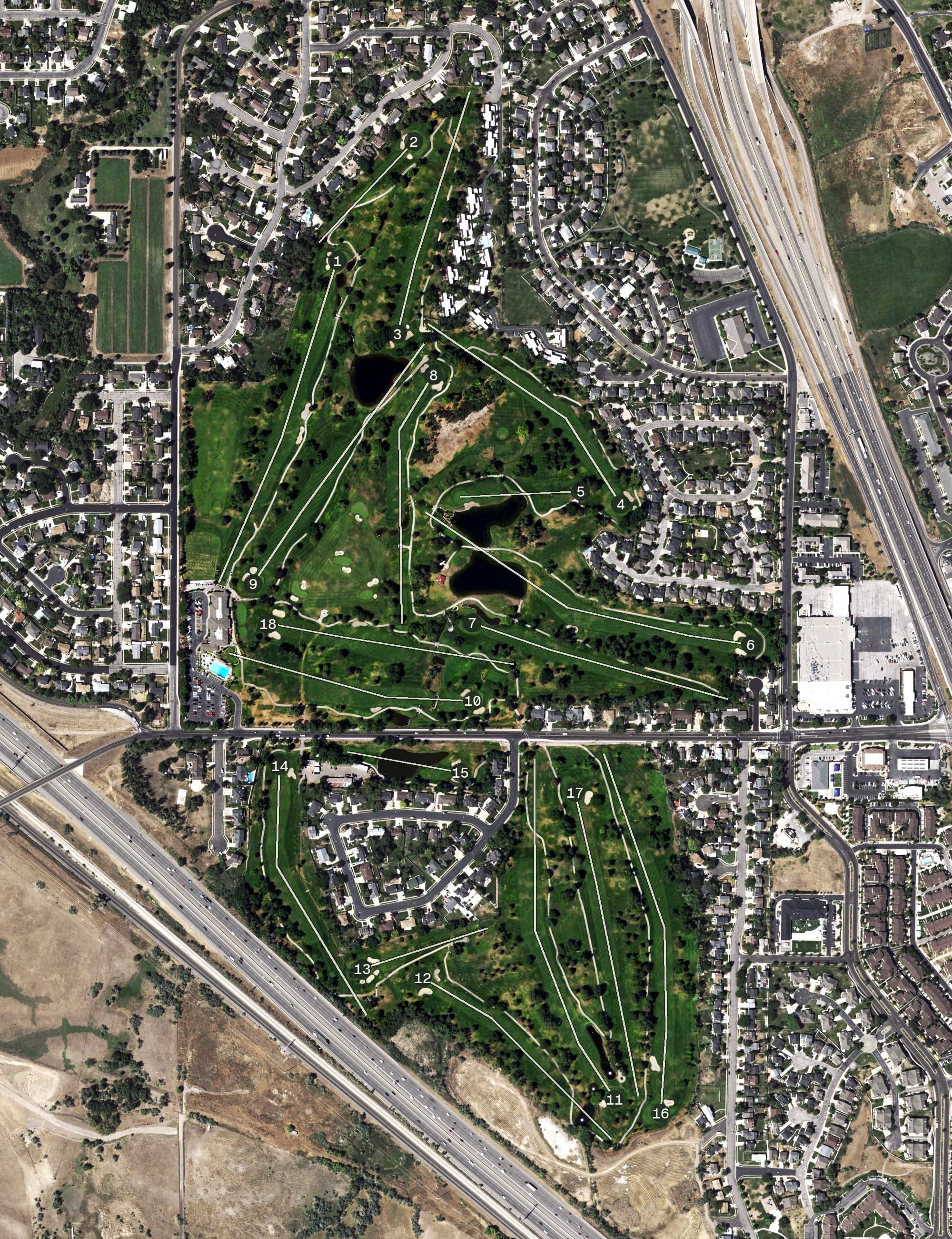 Aerial view of Oak Ridge Golf Course, UT, with its hole routing marked