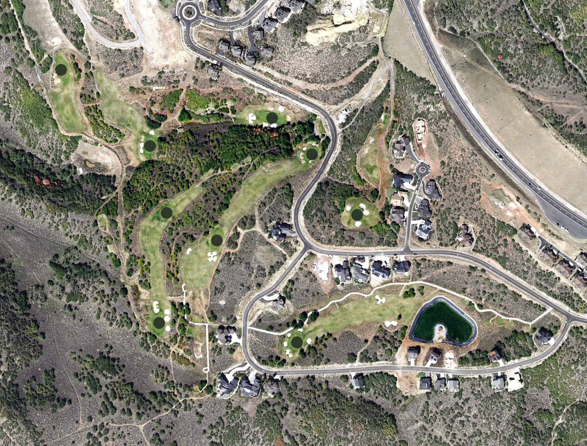 Aerial view of Outlaw Golf Club, UT, with its hole routing marked