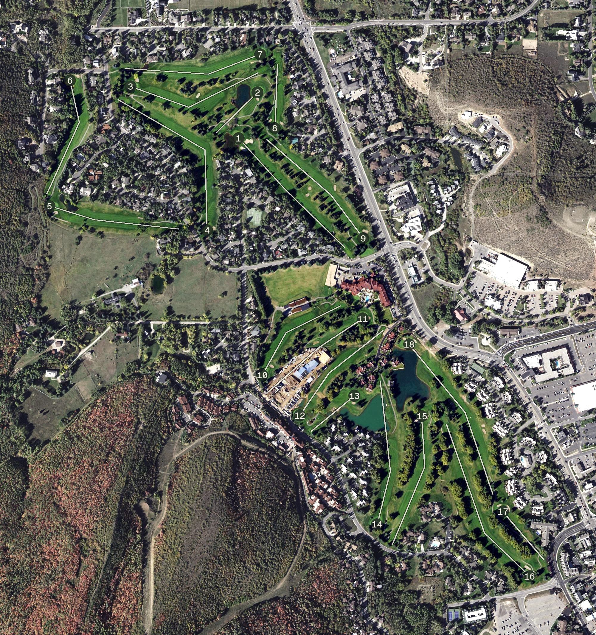 Aerial view of Park City Golf Course, UT, with its hole routing marked