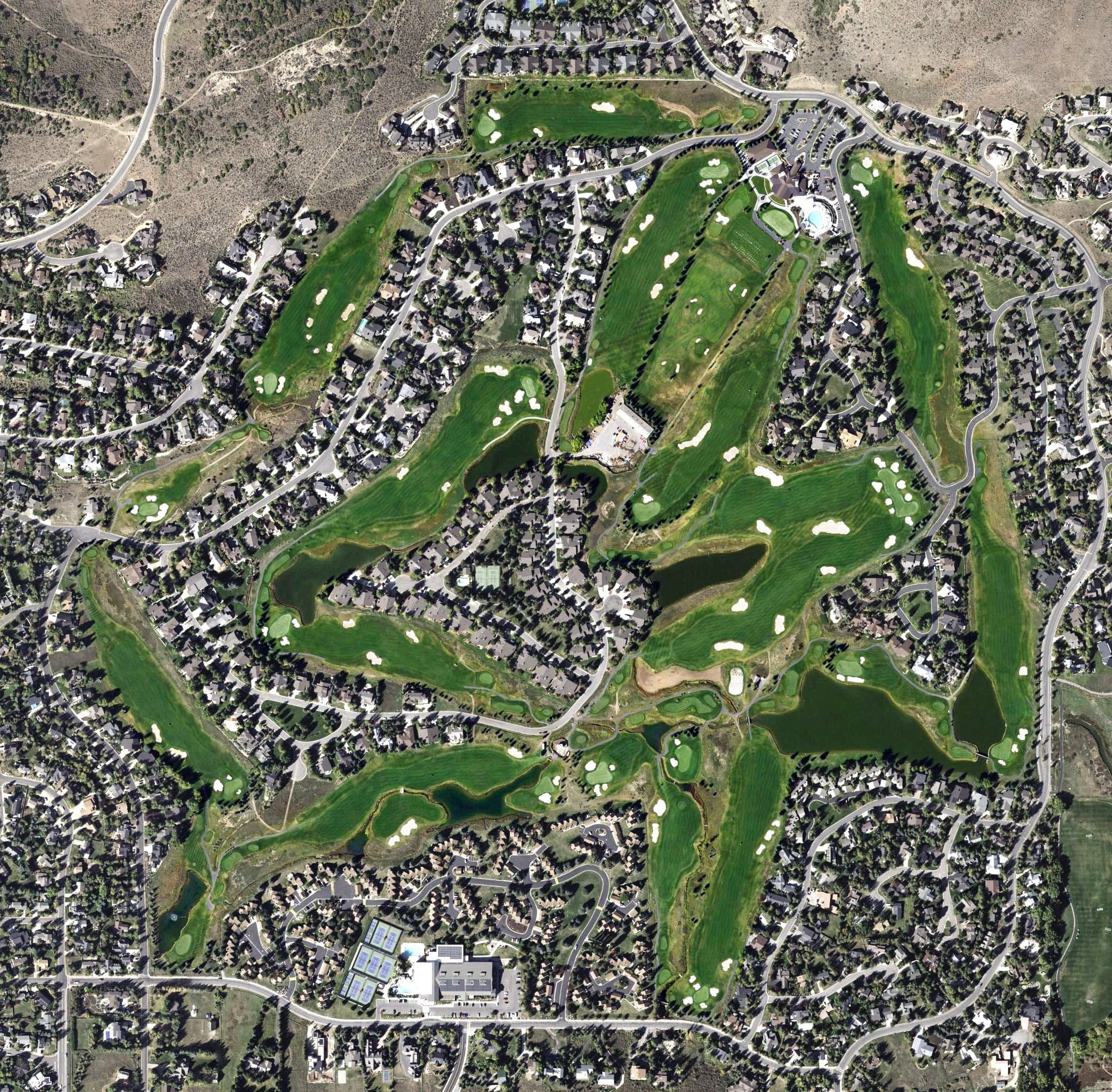 Aerial view of Park Meadows Country Club, UT, with its hole routing marked