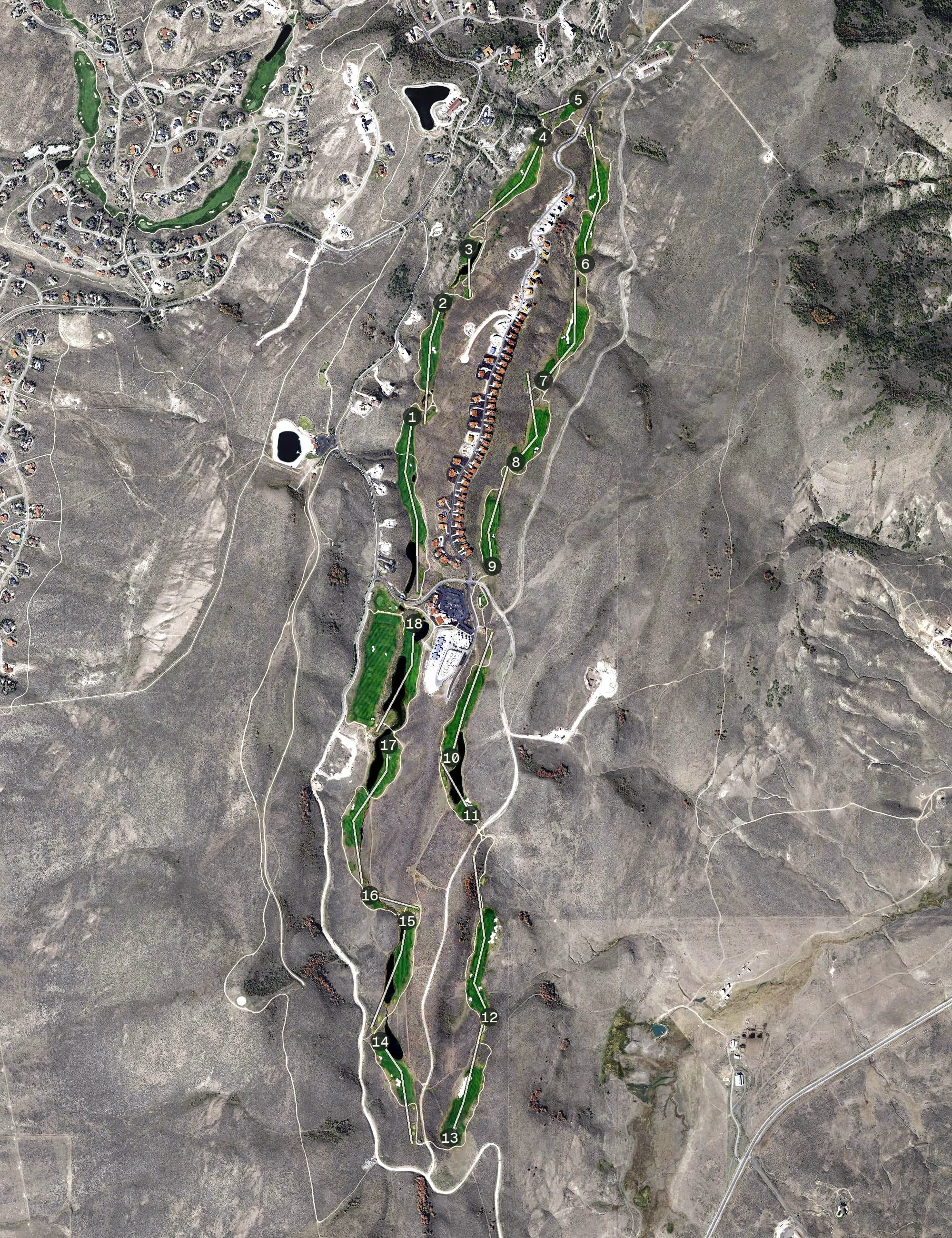Aerial view of Promontory Club - Jack Nicklaus Course, UT, with its hole routing marked