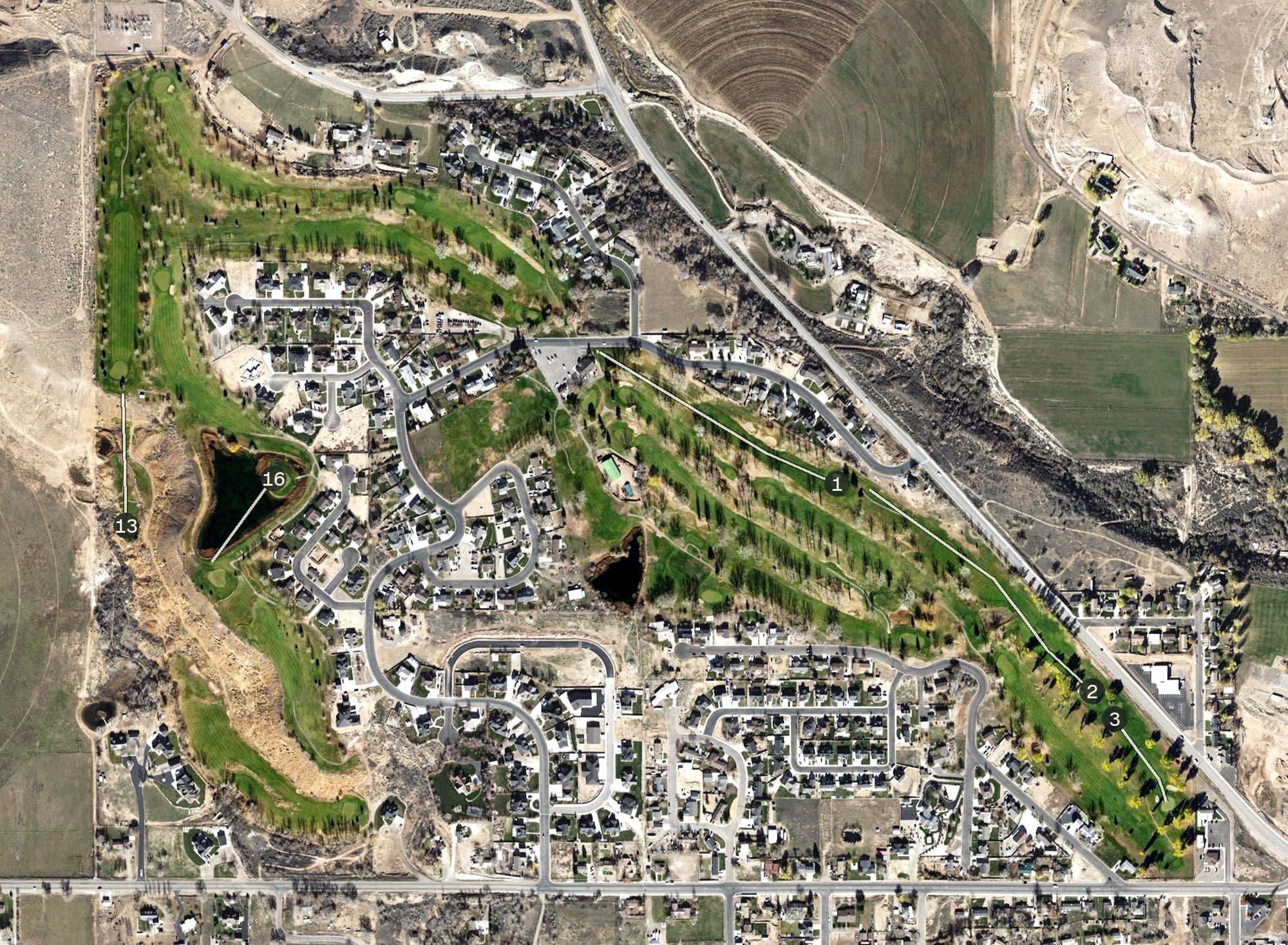 Aerial view of Roosevelt Municipal Golf Course, UT, with its hole routing marked