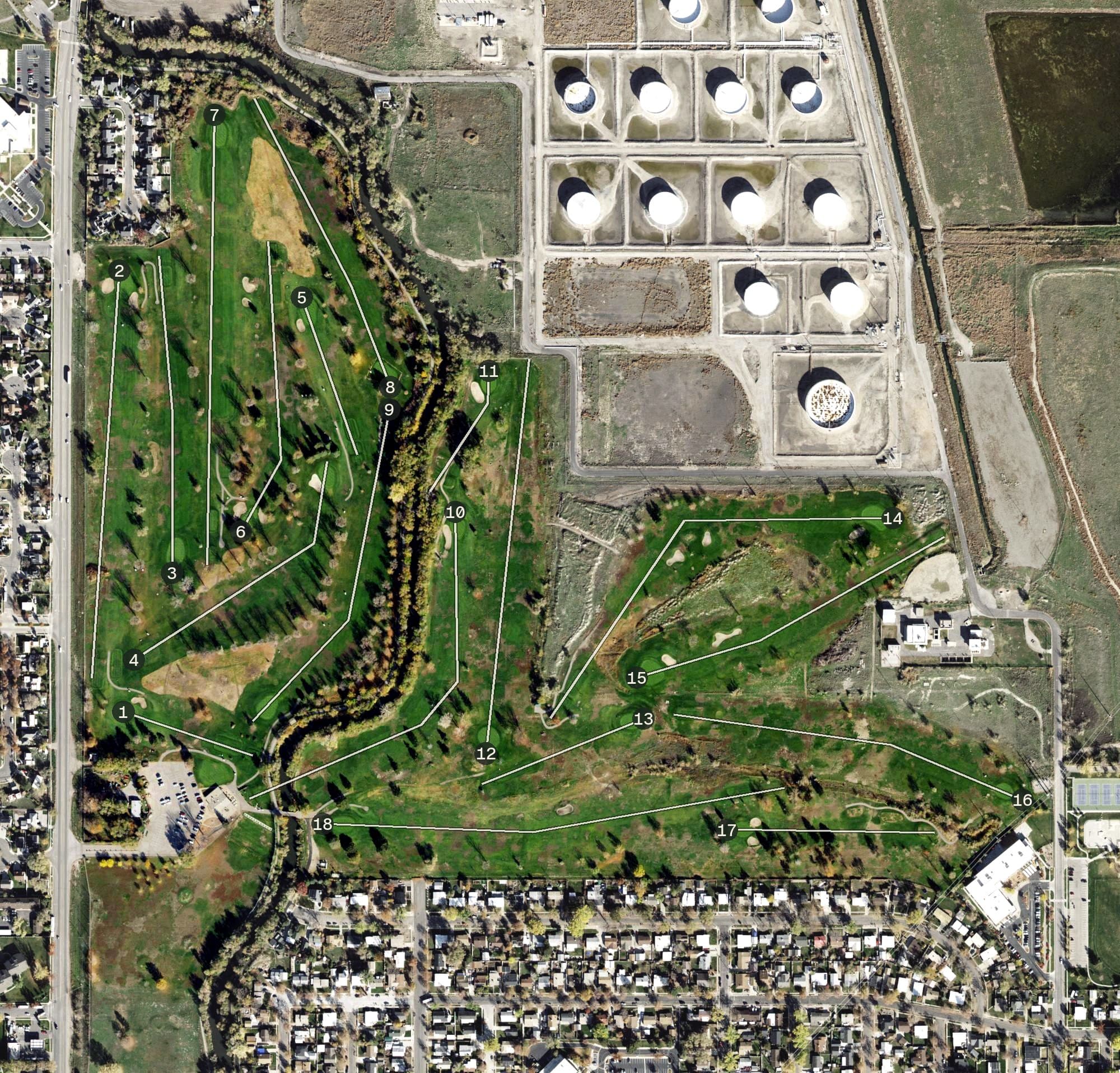Aerial view of Rose Park Golf Course, UT, with its hole routing marked