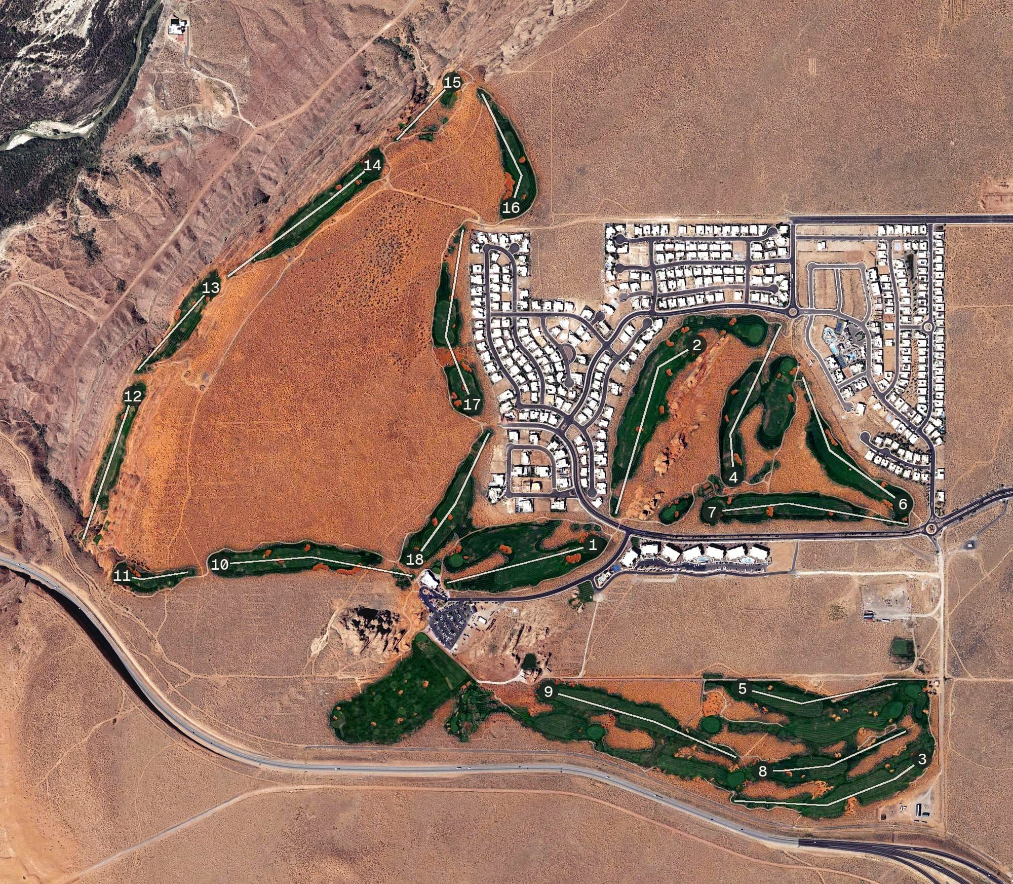 Aerial view of Sand Hollow Resort, UT, with its hole routing marked