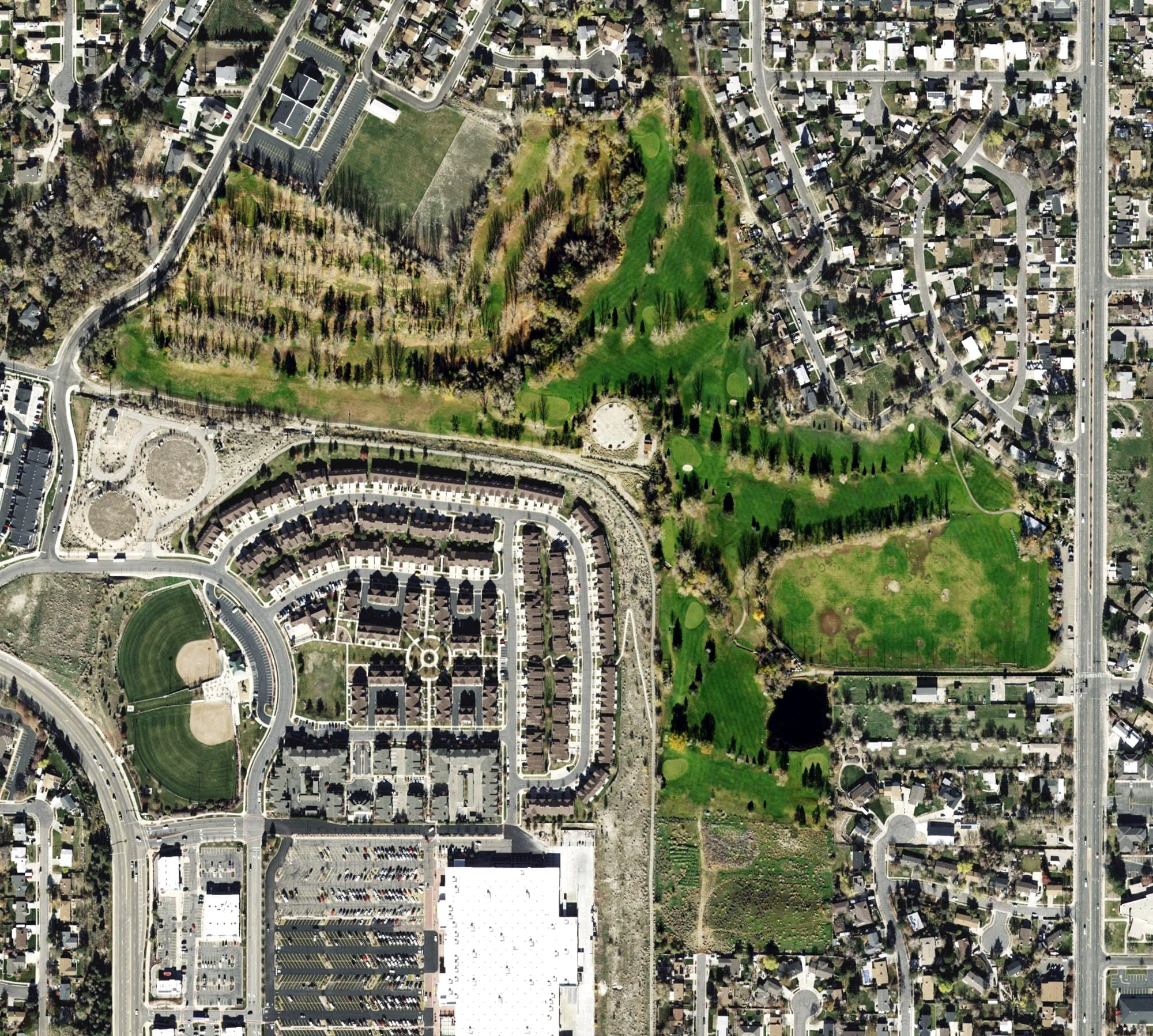 Aerial view of Schneiter's Pebblebrook Golf Course, UT, with its hole routing marked