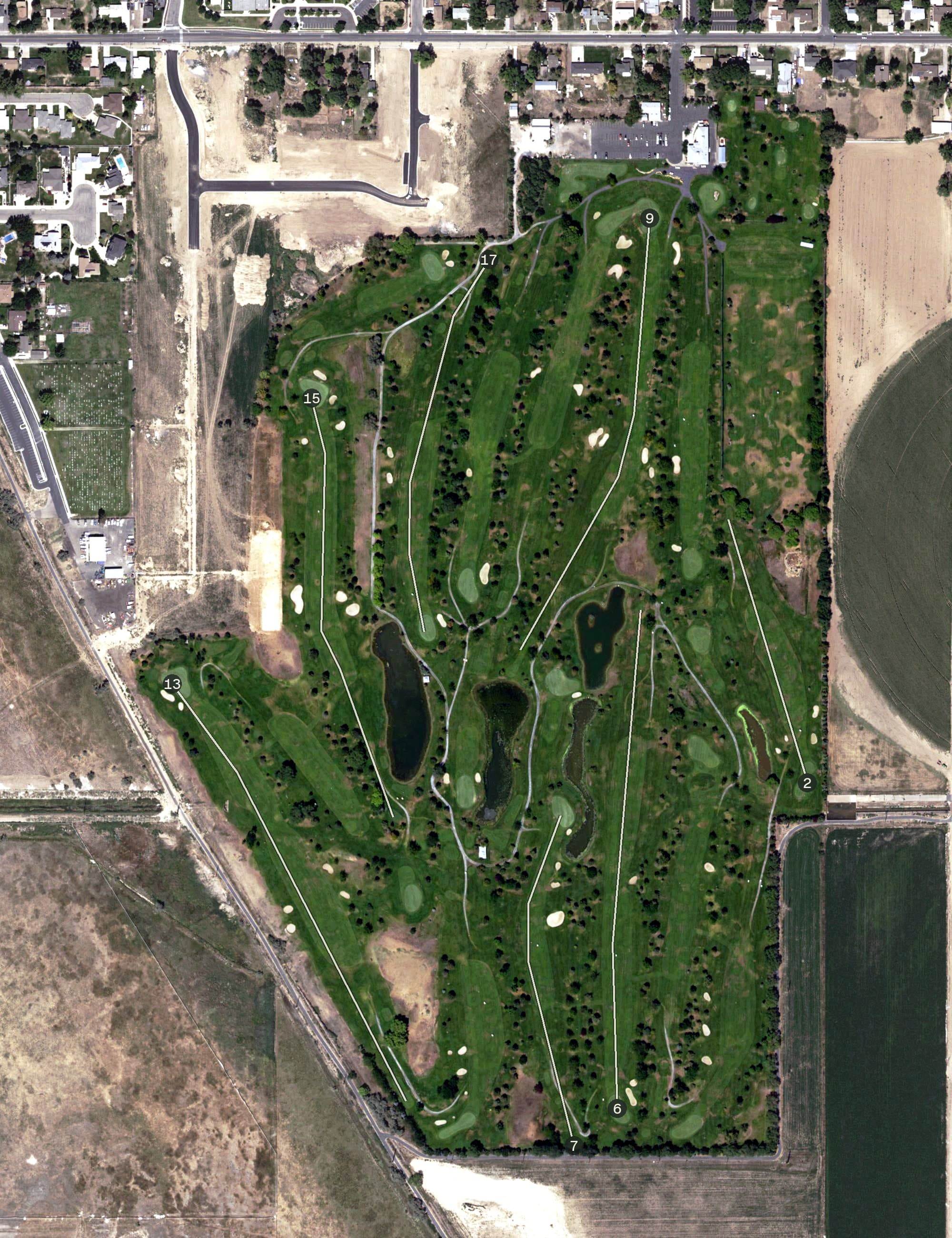 Aerial view of Schneiters Bluff Golf Course, UT, with its hole routing marked