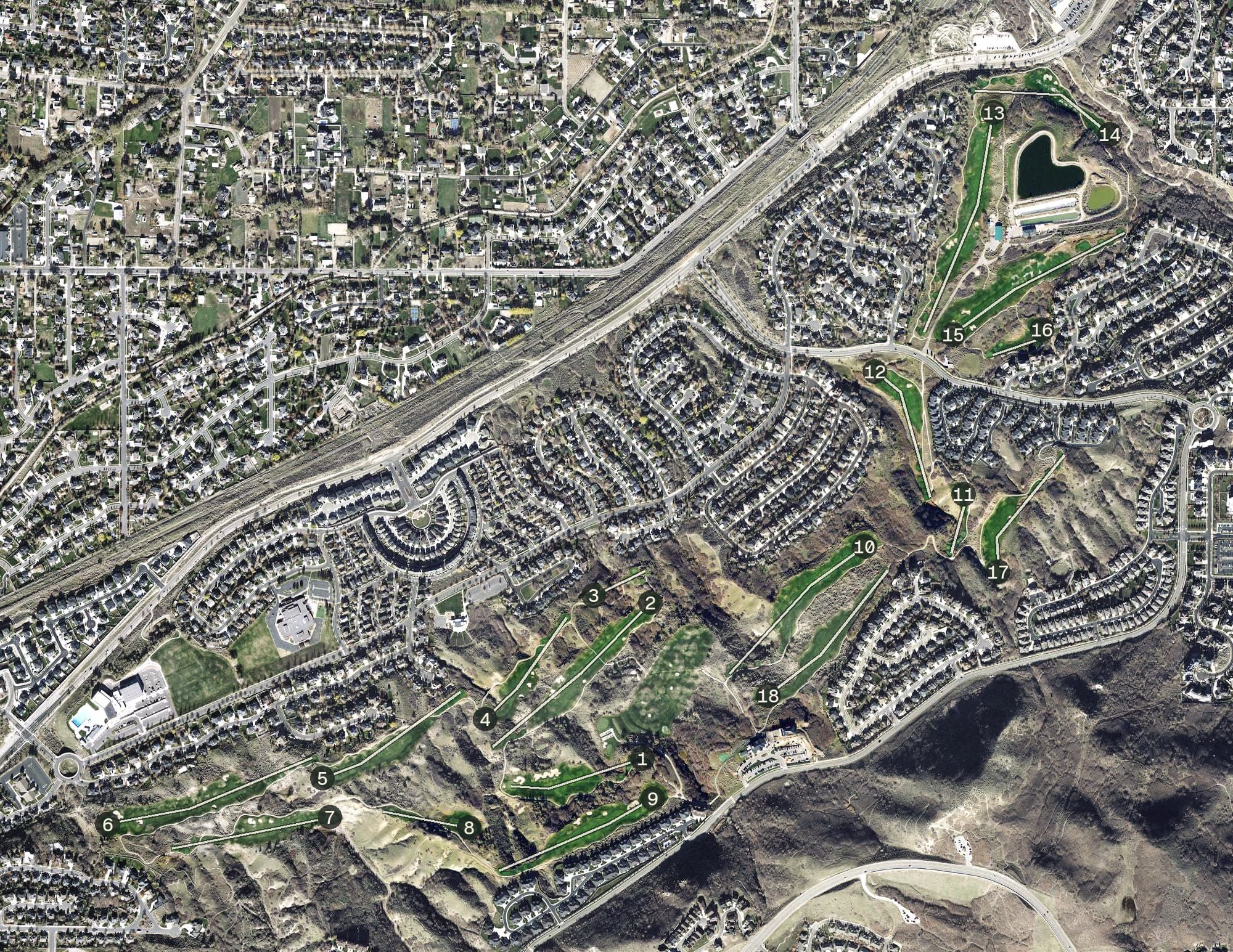 Aerial view of South Mountain Golf Course, UT, with its hole routing marked