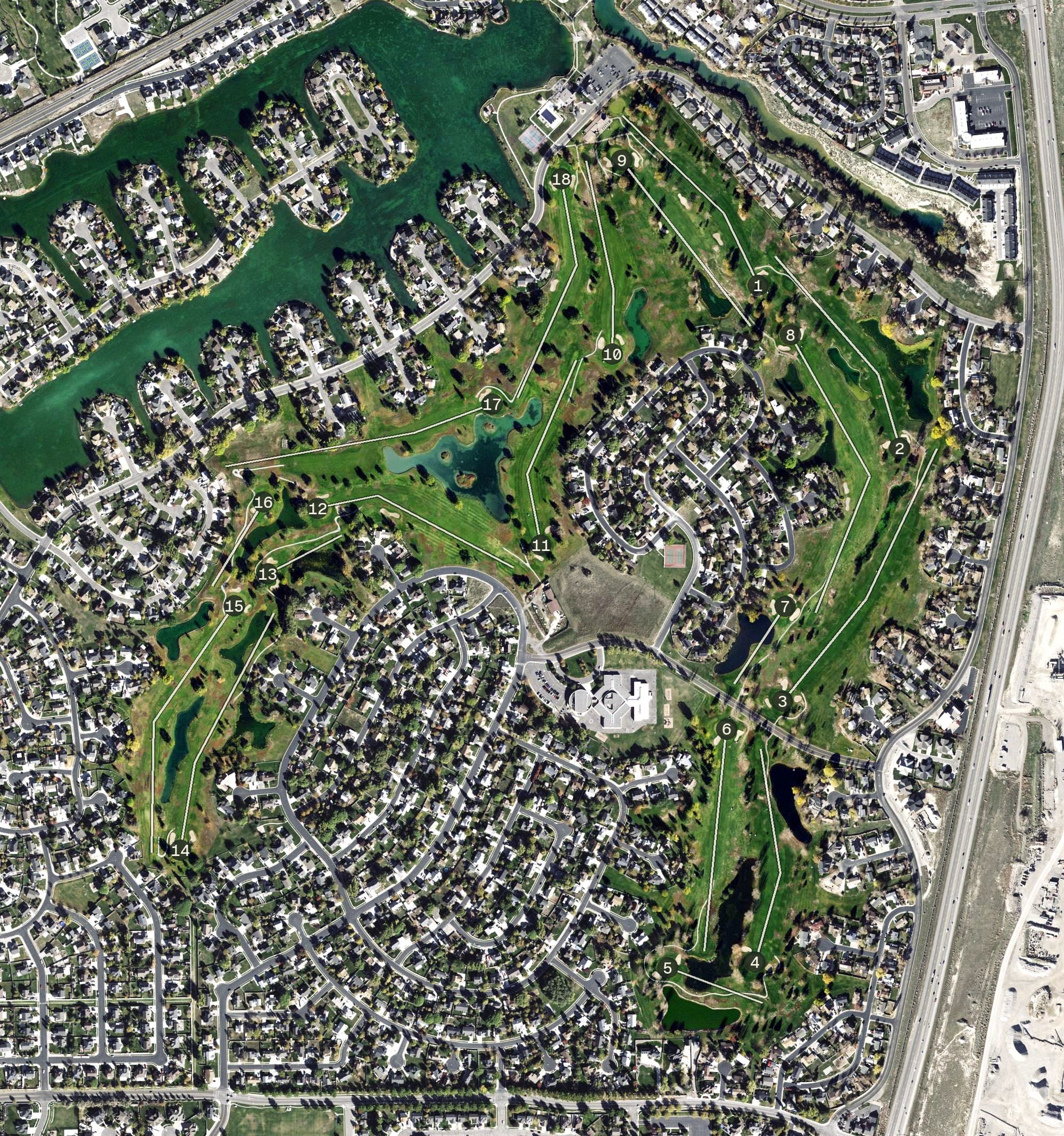 Aerial view of Stansbury Park Golf Course, UT, with its hole routing marked