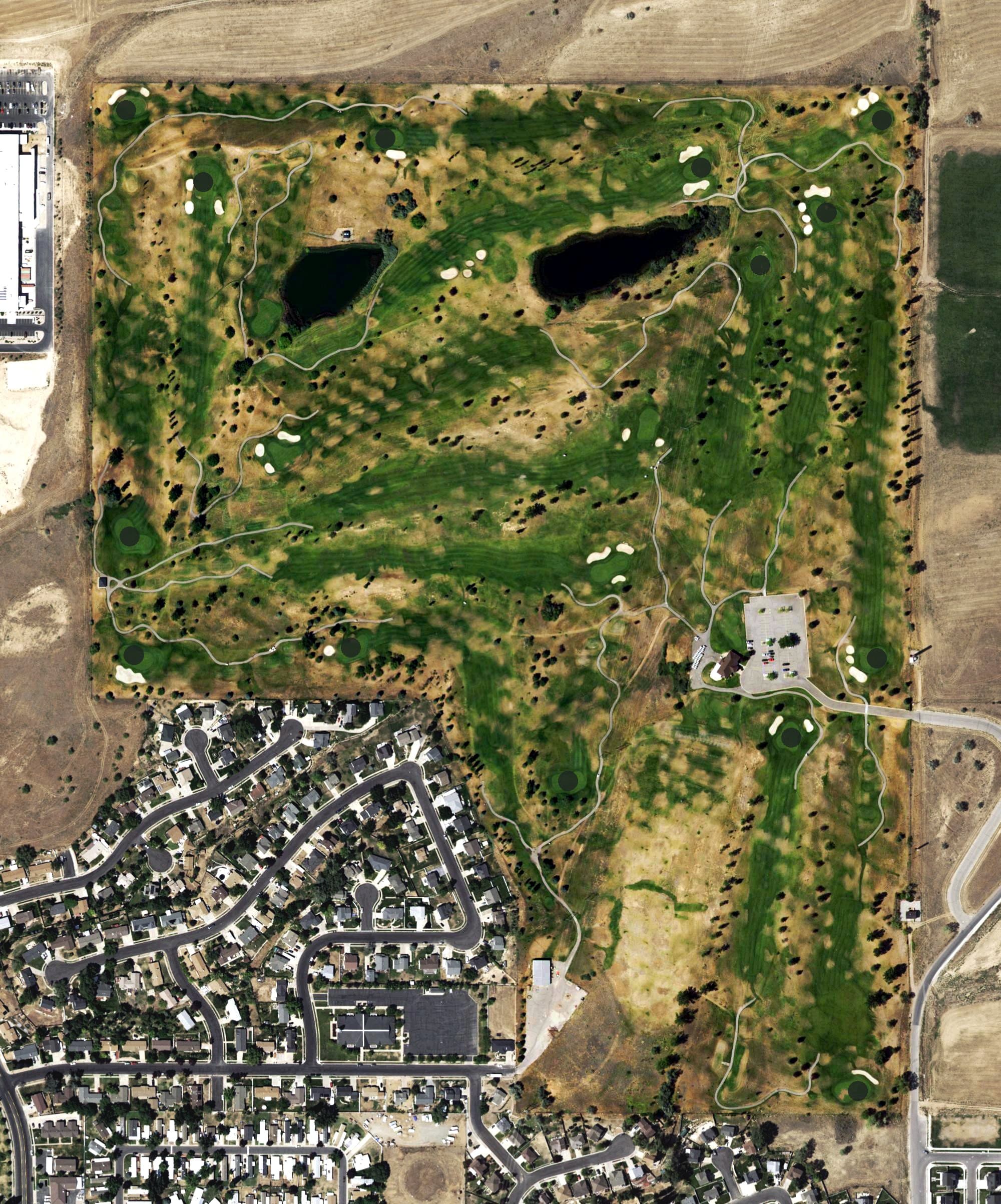 Aerial view of Sun Hills Golf Course, UT, with its hole routing marked