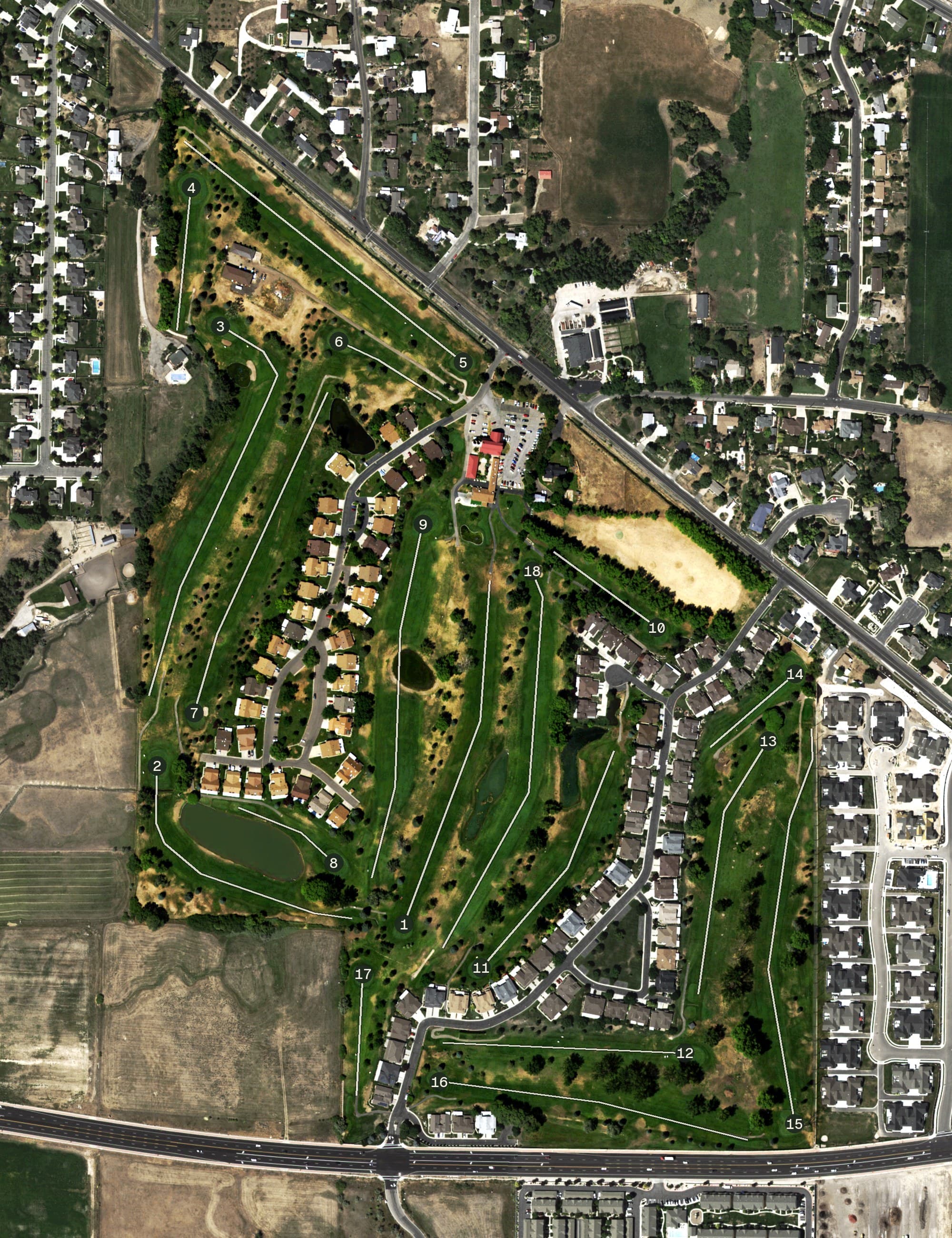 Aerial view of The Barn Golf Club, UT, with its hole routing marked