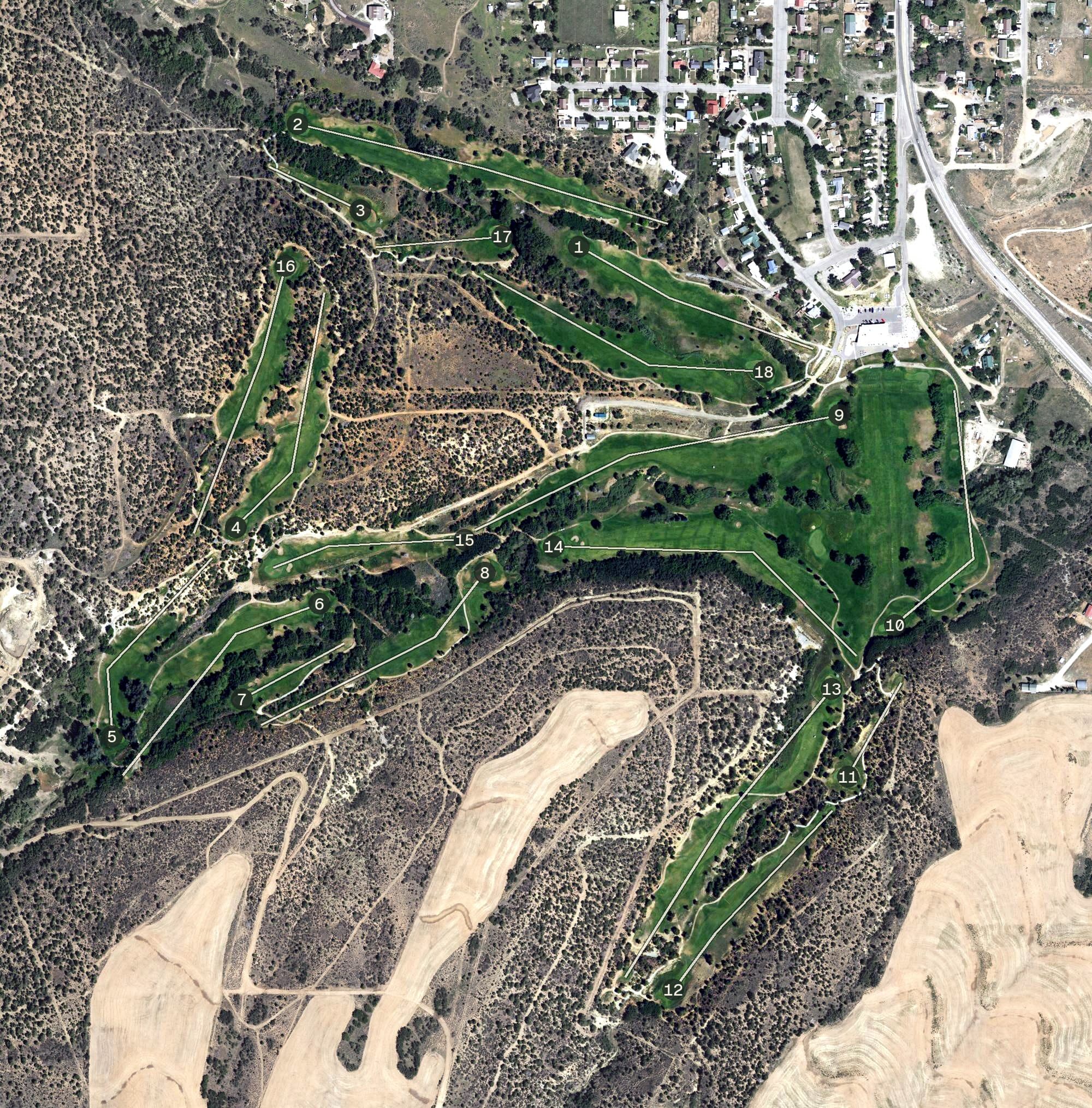 Aerial view of The Hideout Golf Club, UT, with its hole routing marked
