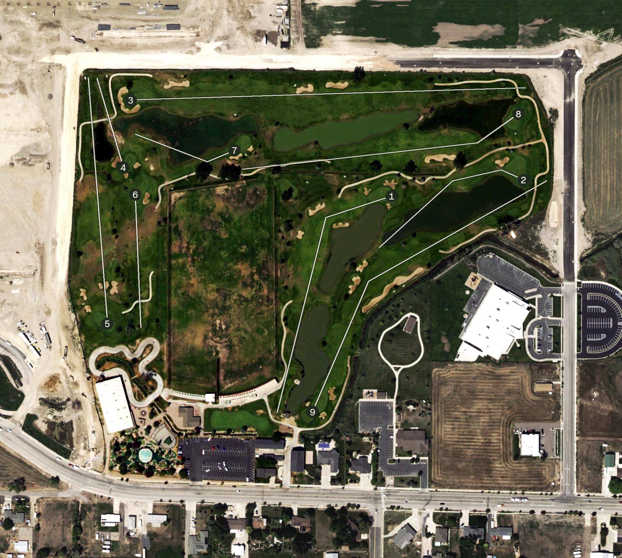 Aerial view of Toad’s National Golf Course, UT, with its hole routing marked