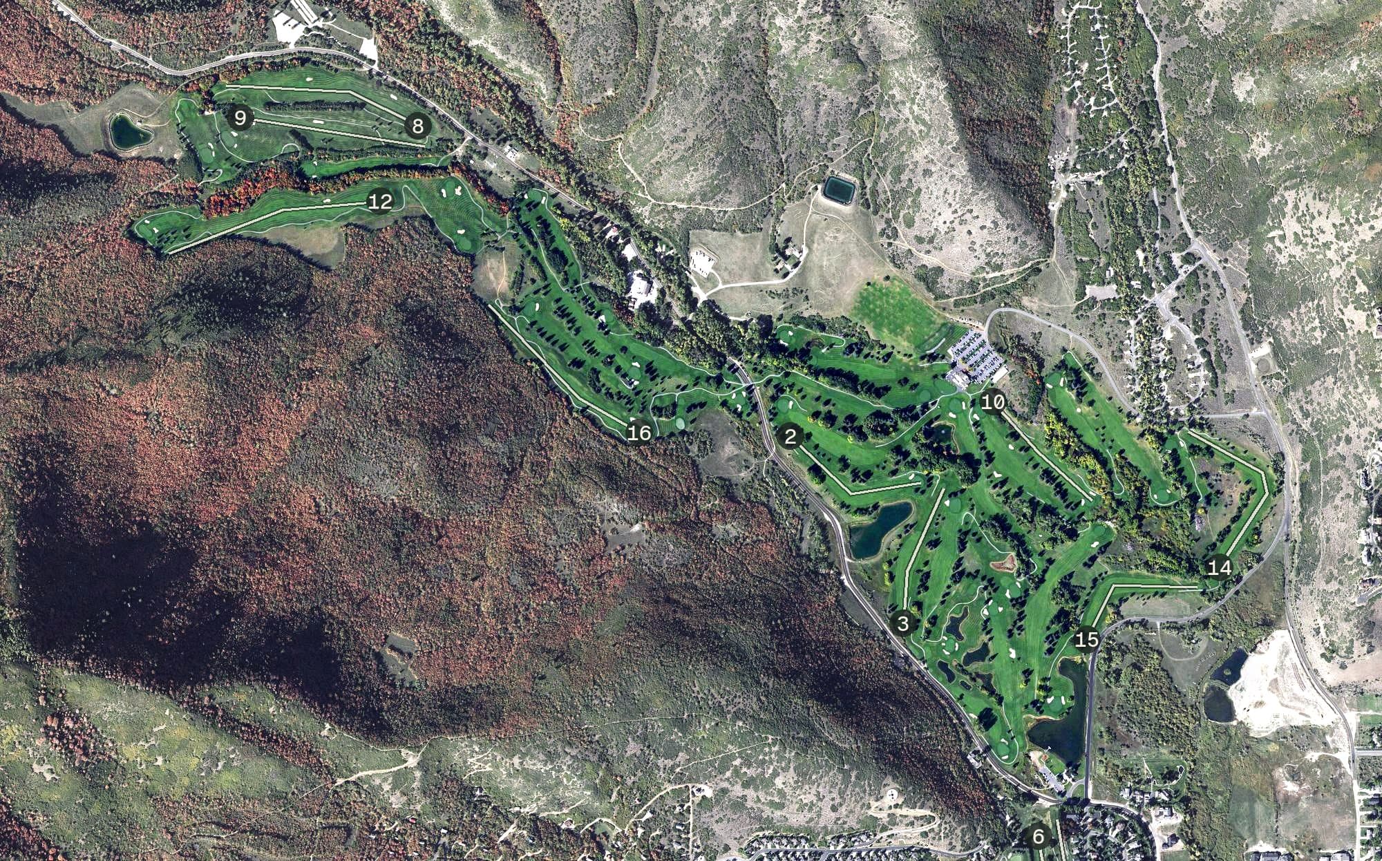Aerial view of Wasatch Mountain State Golf Course, UT, with its hole routing marked