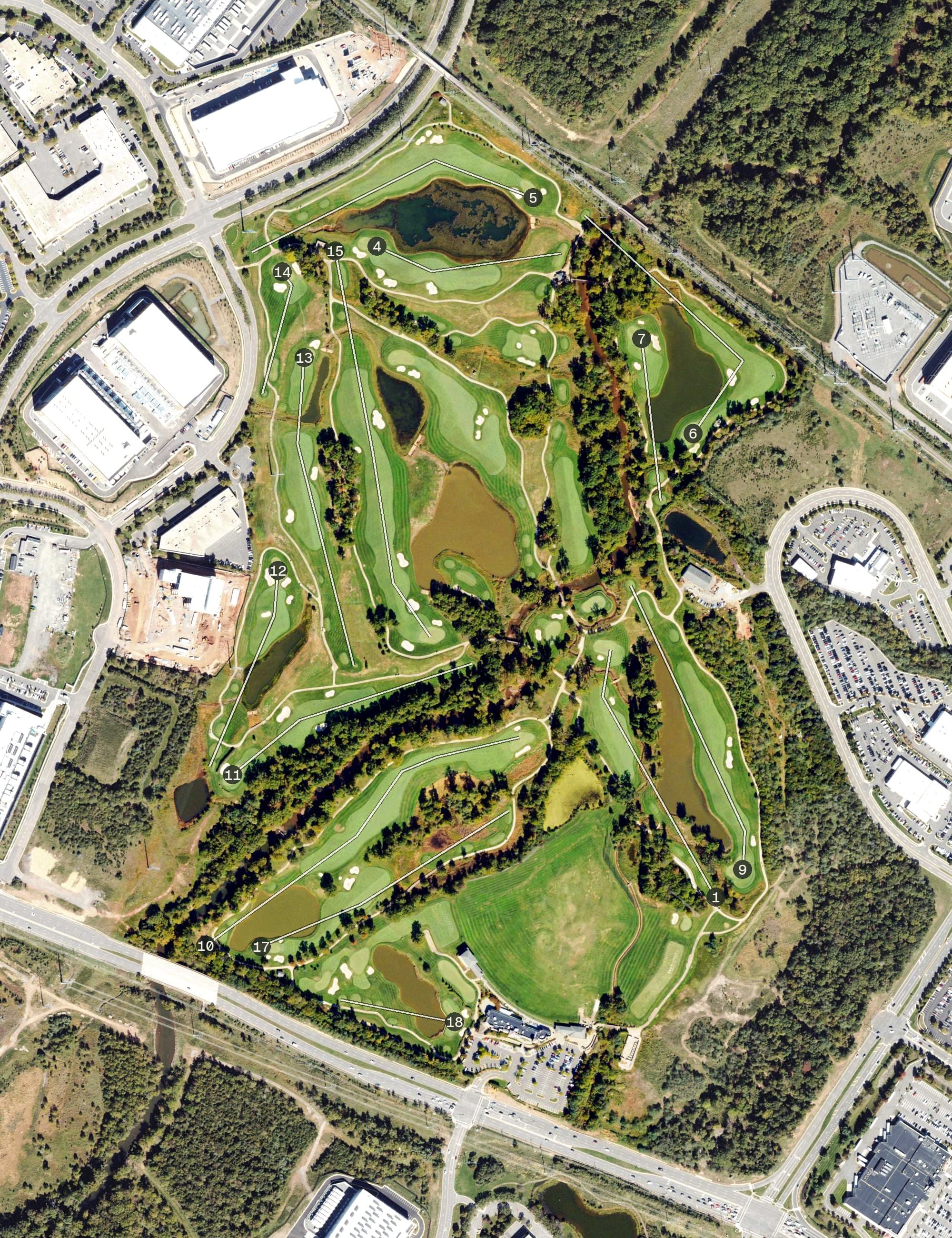 Aerial view of 1757 Golf Club, VA, with its hole routing marked