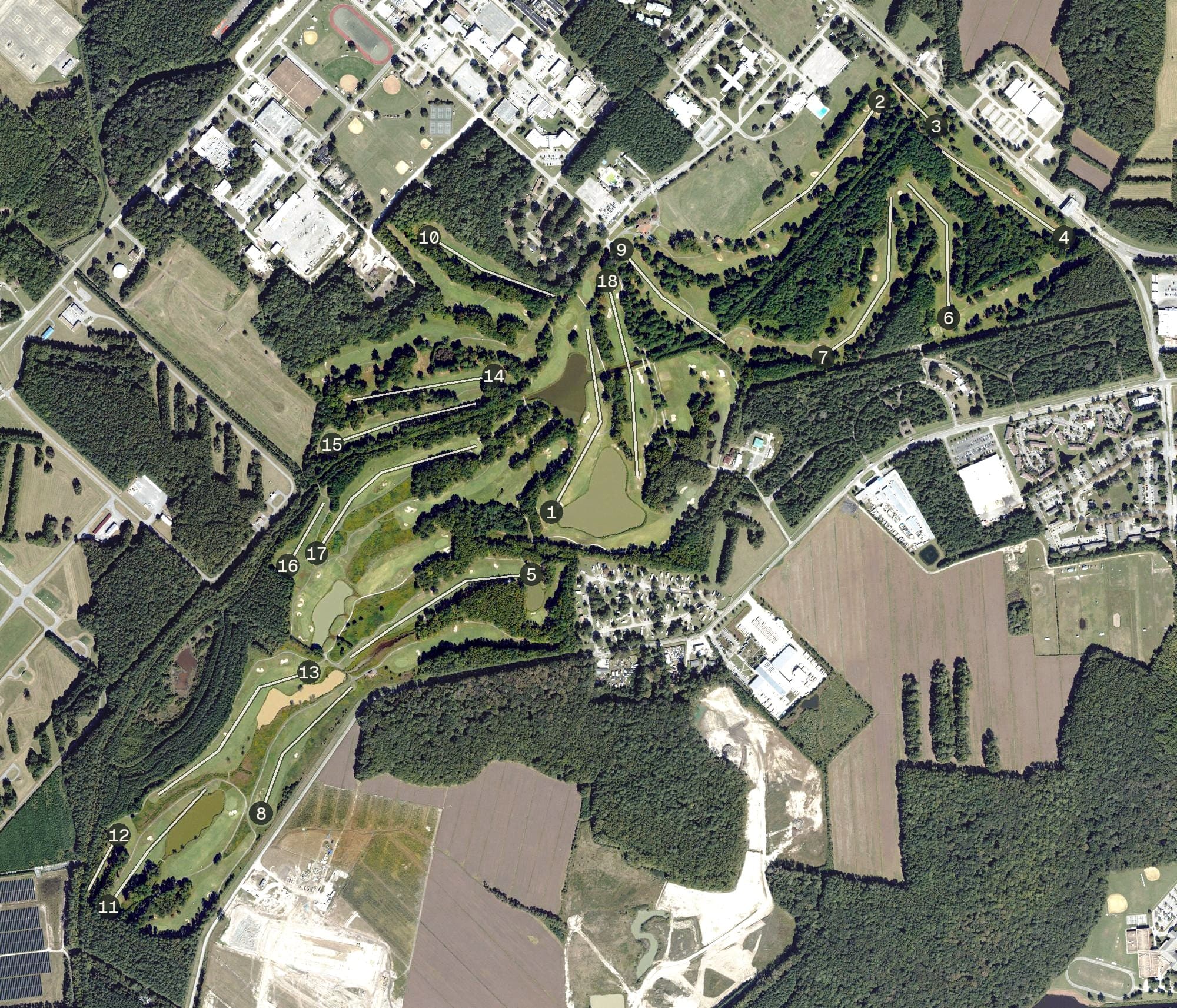 Aerial view of Aeropines Golf Course, VA, with its hole routing marked