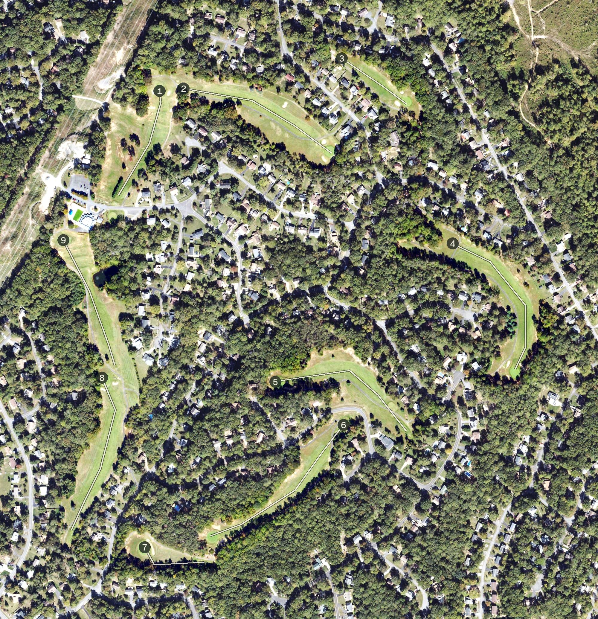 Aerial view of Aquia Harbour Golf Club, VA, with its hole routing marked