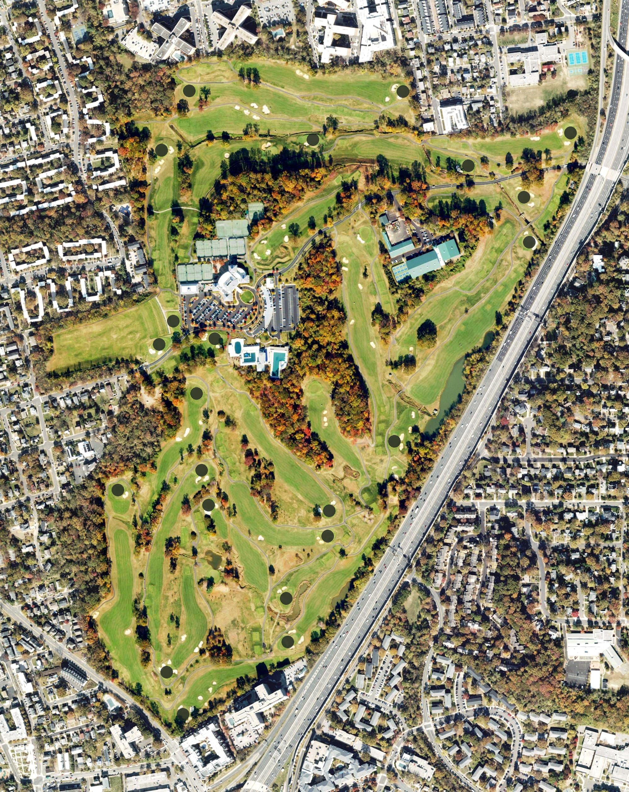 Aerial view of Army Navy Country Club, VA, with its hole routing marked