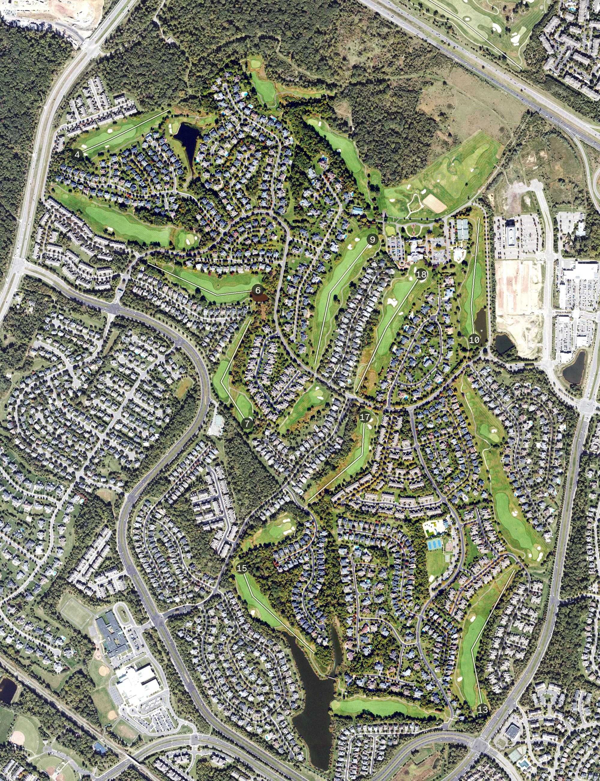 Aerial view of Belmont Country Club Golf Course, VA, with its hole routing marked
