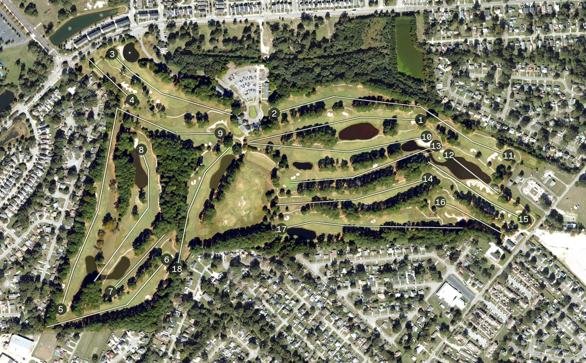 Aerial view of Bide-A-Wee Golf Course, VA, with its hole routing marked