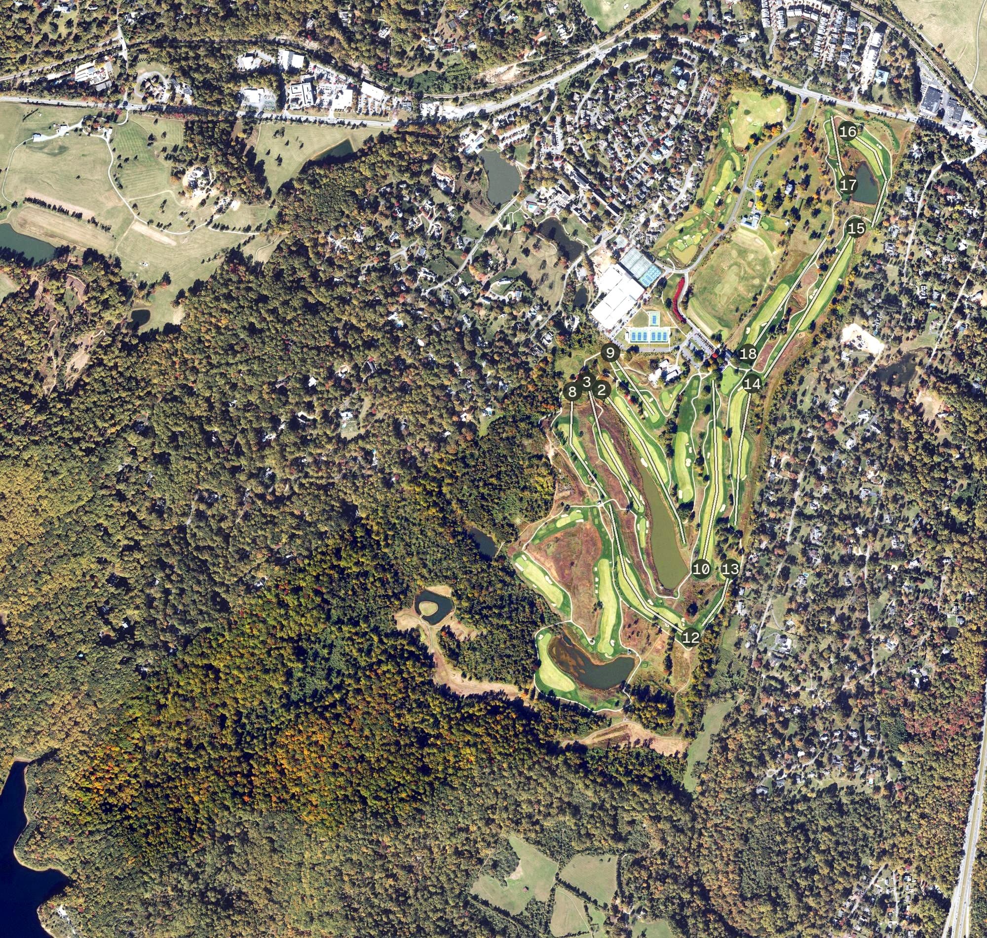 Aerial view of Birdwood Golf Course, VA, with its hole routing marked